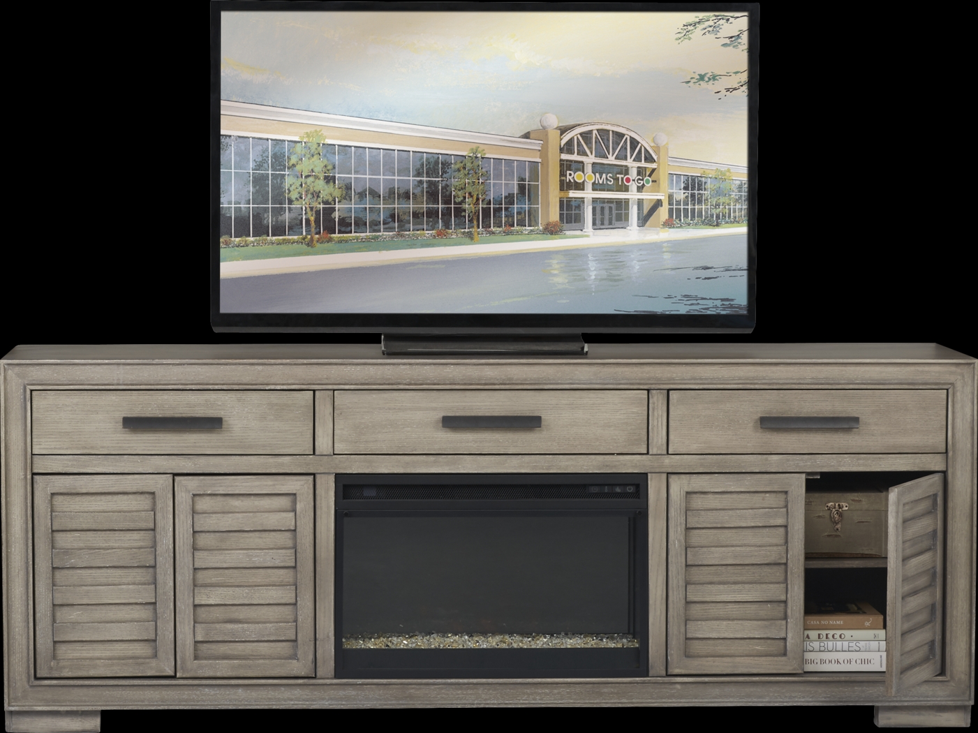 Cates Ridge Light Gray 81 in. Console with Electric Fireplace - Thumbnail - Image 3