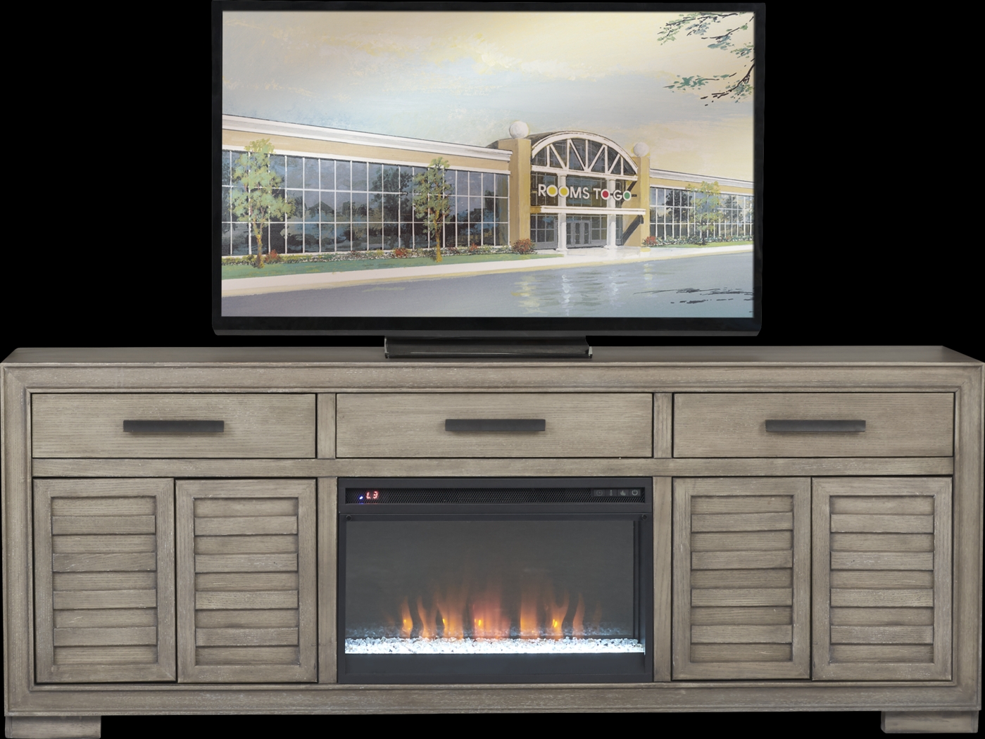 Cates Ridge Light Gray 81 in. Console with Electric Fireplace - Thumbnail - Image 1