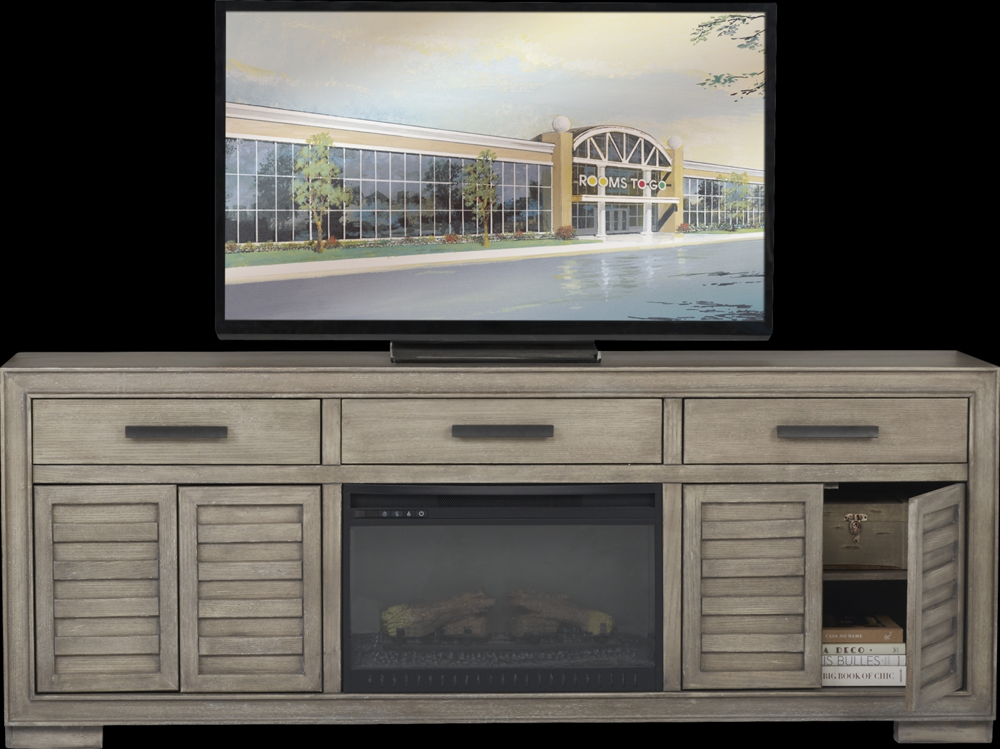 Cates Ridge Light Gray 81 in. Console with Electric Log Fireplace - Thumbnail - Image 3