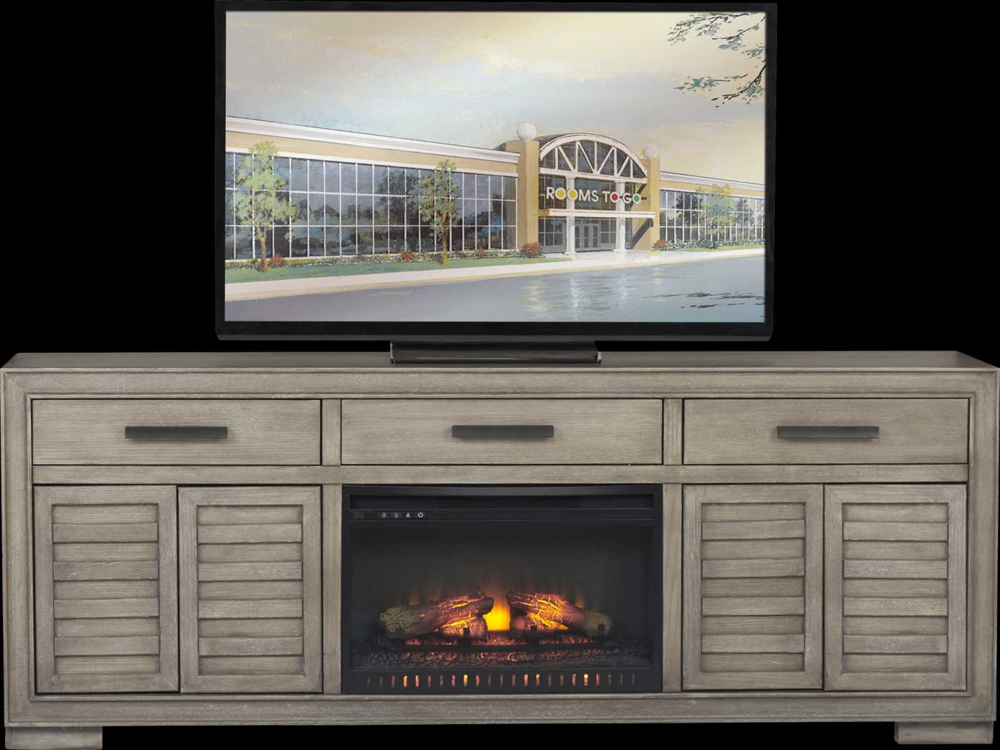 Cates Ridge Light Gray 81 in. Console with Electric Log Fireplace - Thumbnail - Image 1