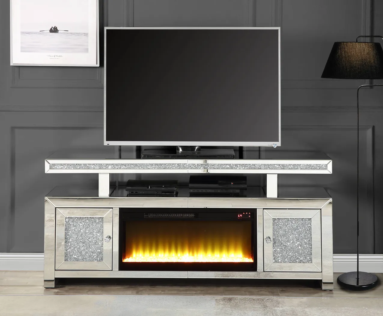 Cawthorn SIlver 63 in. Console, With Electric Fireplace - Thumbnail - Image 2