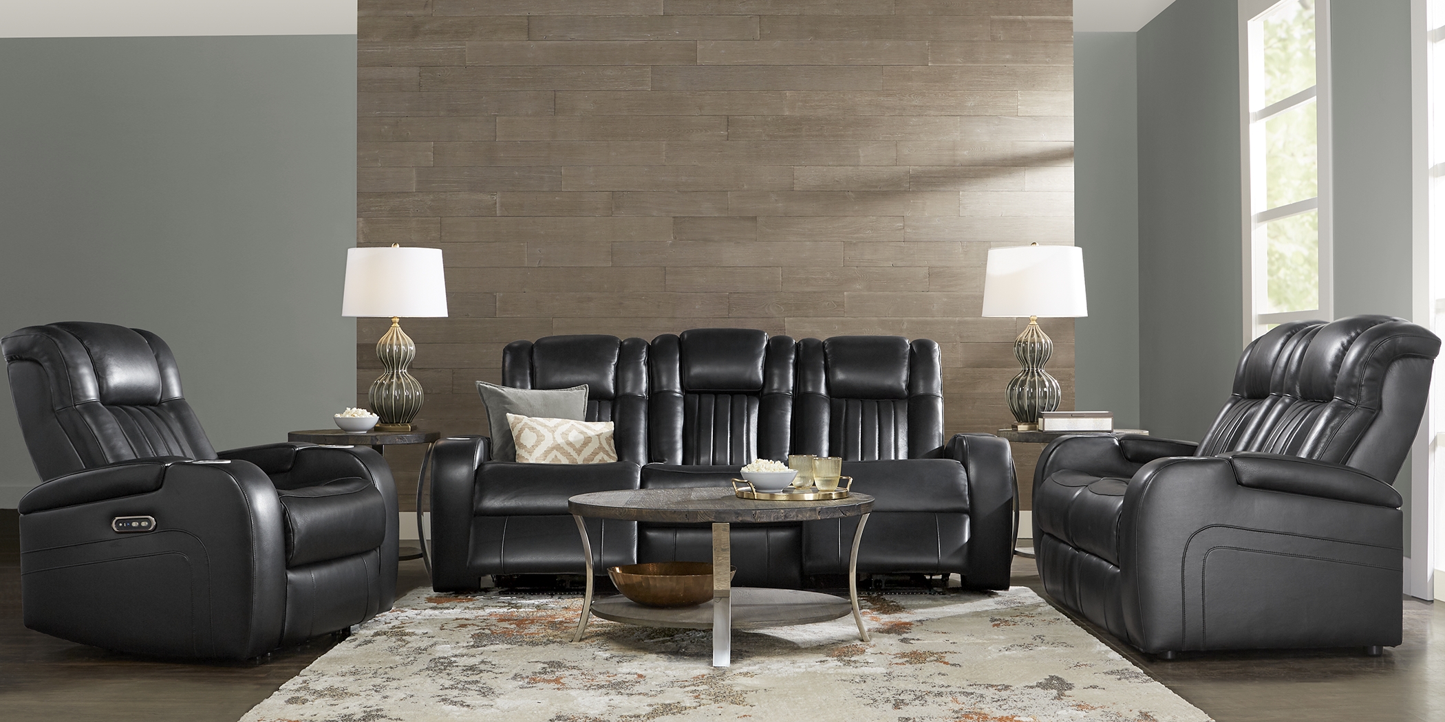 Cenova Black Leather 2 Pc Living Room with Dual Power Reclining Sofa - Thumbnail - Image 1