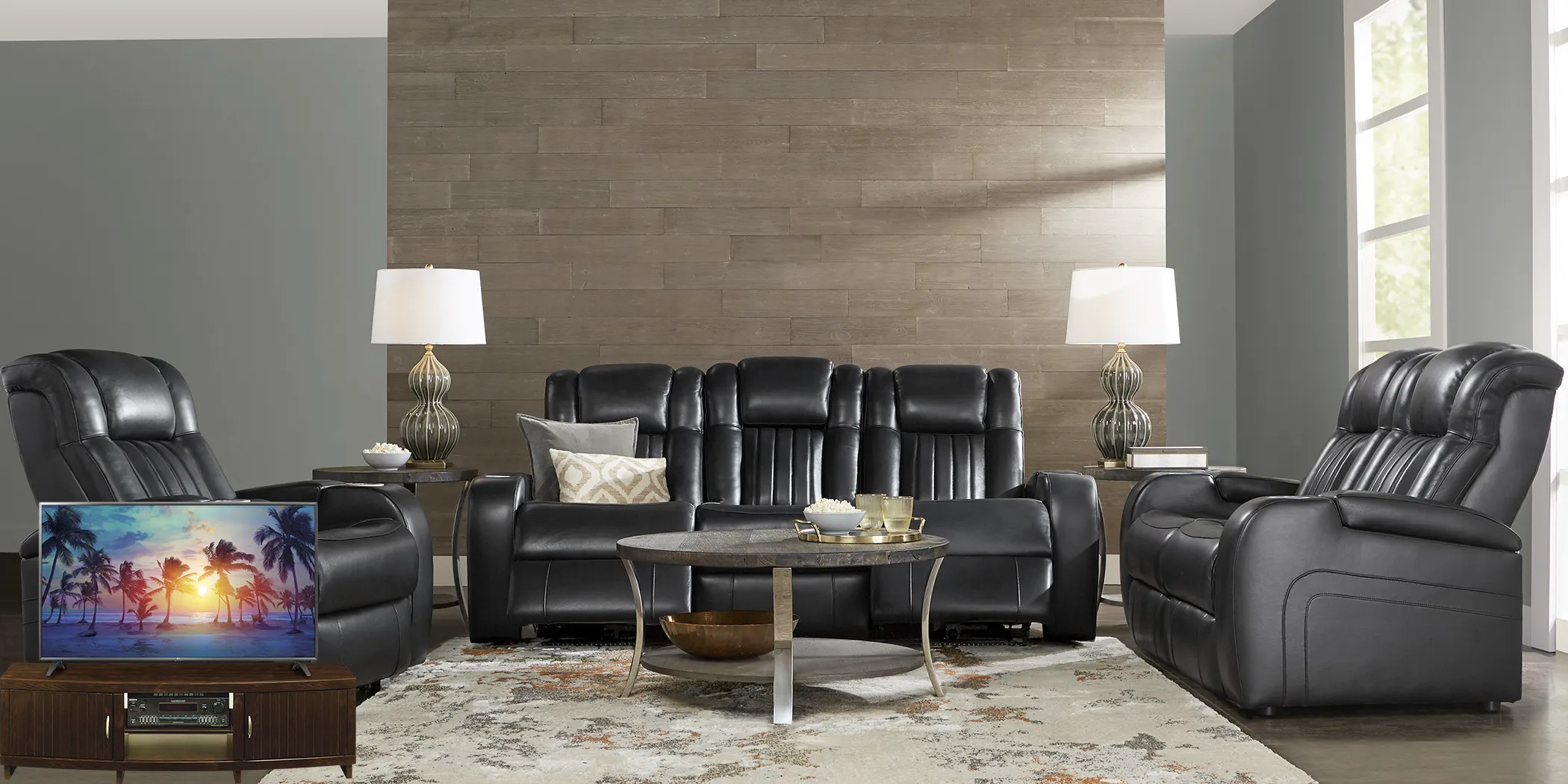 Cenova Black Leather 4 Pc Living Room with Dual Power Reclining Sofa Plus 70 in. TV - Thumbnail - Image 1