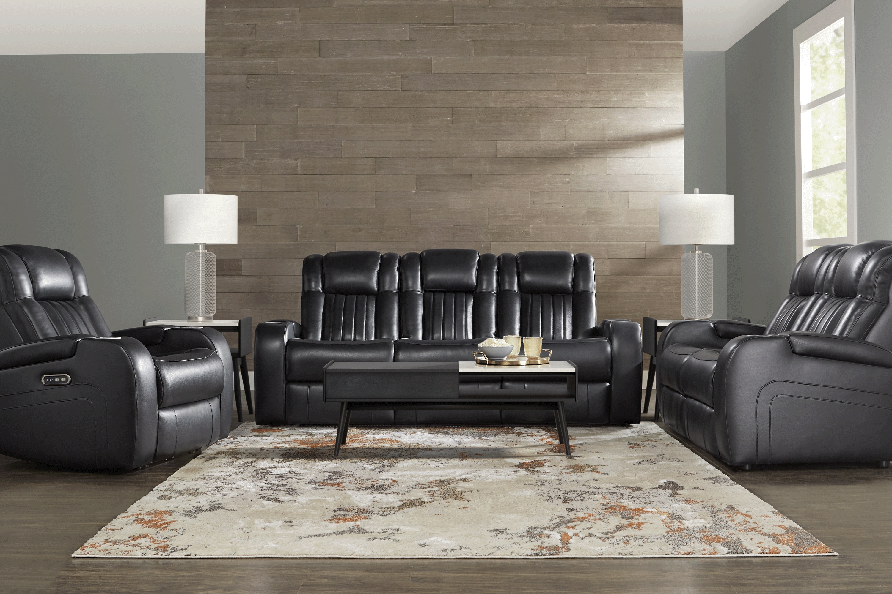Cenova Black Leather 5 Pc Living Room with Dual Power Reclining Sofa - Thumbnail - Image 1