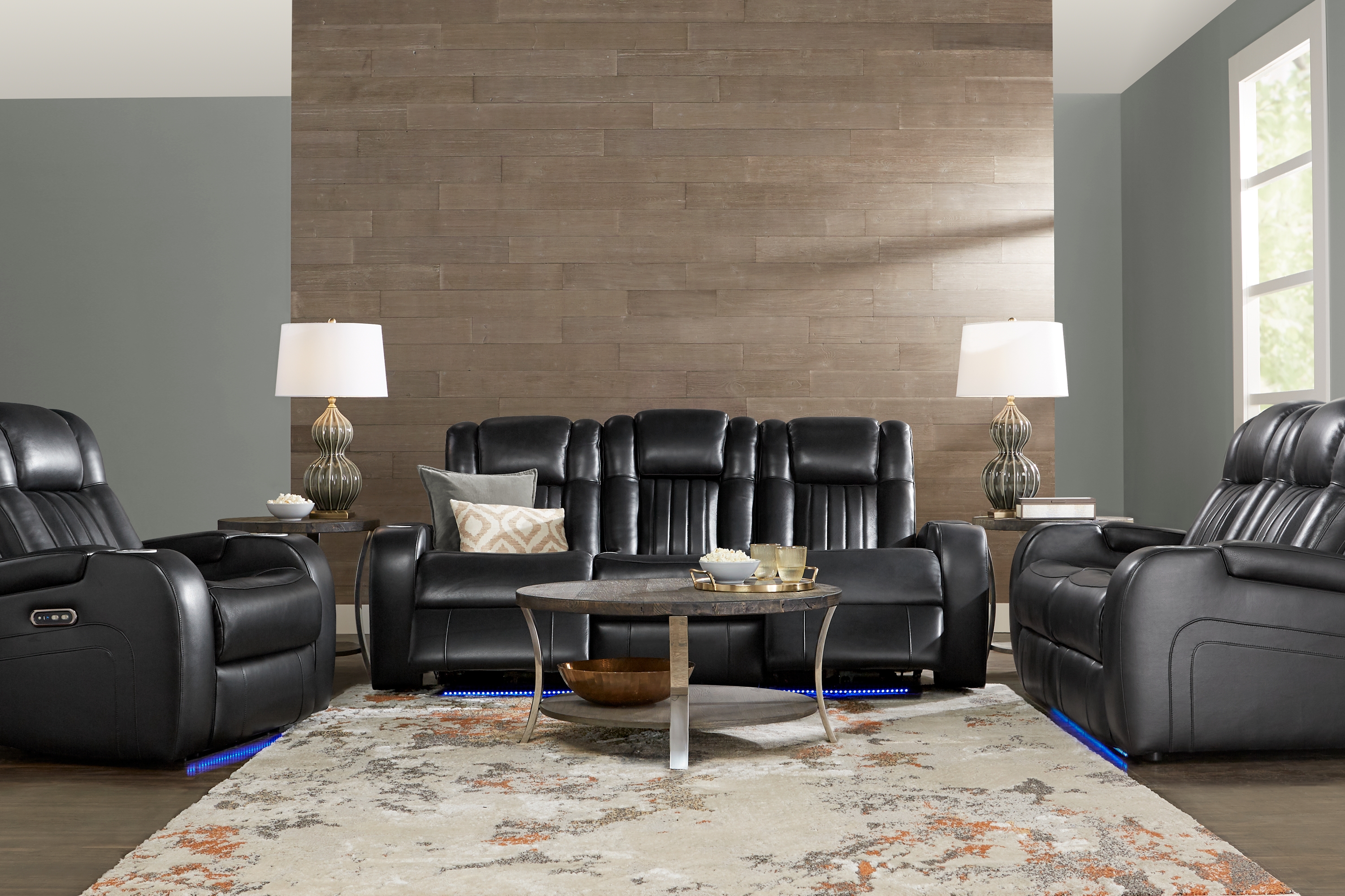 Cenova Black Leather 7 Pc Dual Power Reclining Living Room - Thumbnail - Image 1