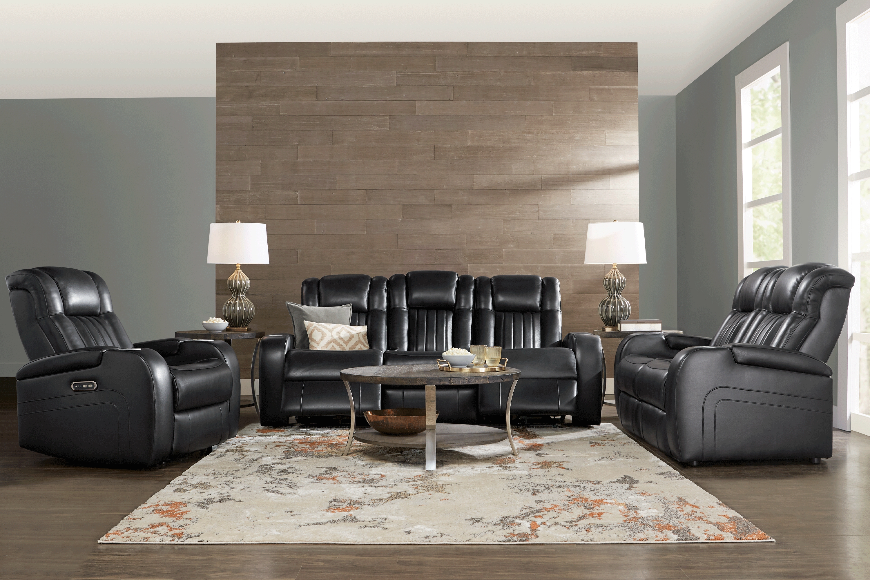 Cenova Black Leather 7 Pc Living Room with Dual Power Reclining Sofa - Thumbnail - Image 1