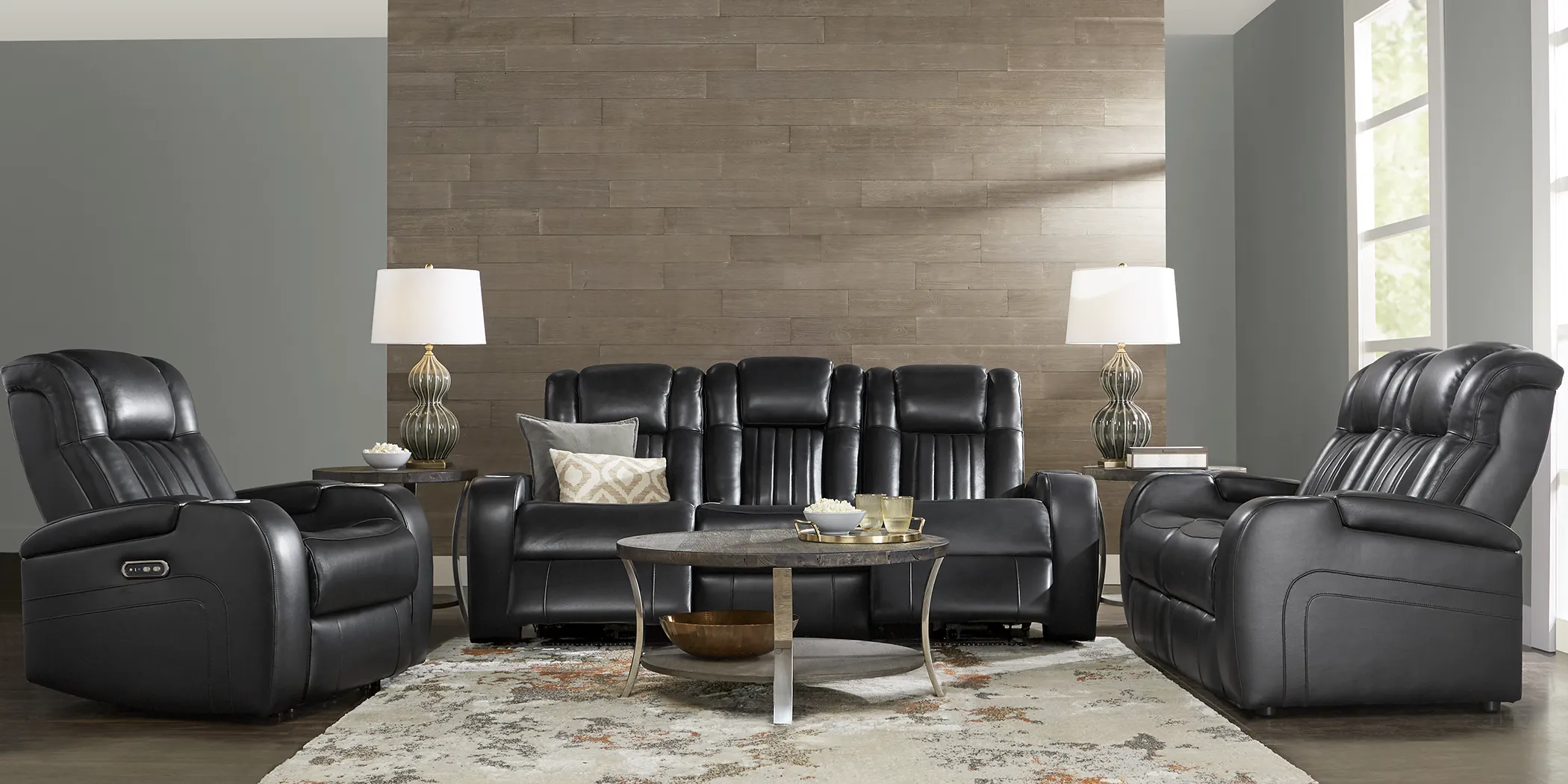 Cenova Black Leather 7 Pc Living Room with Power Reclining Sofa - Thumbnail - Image 1