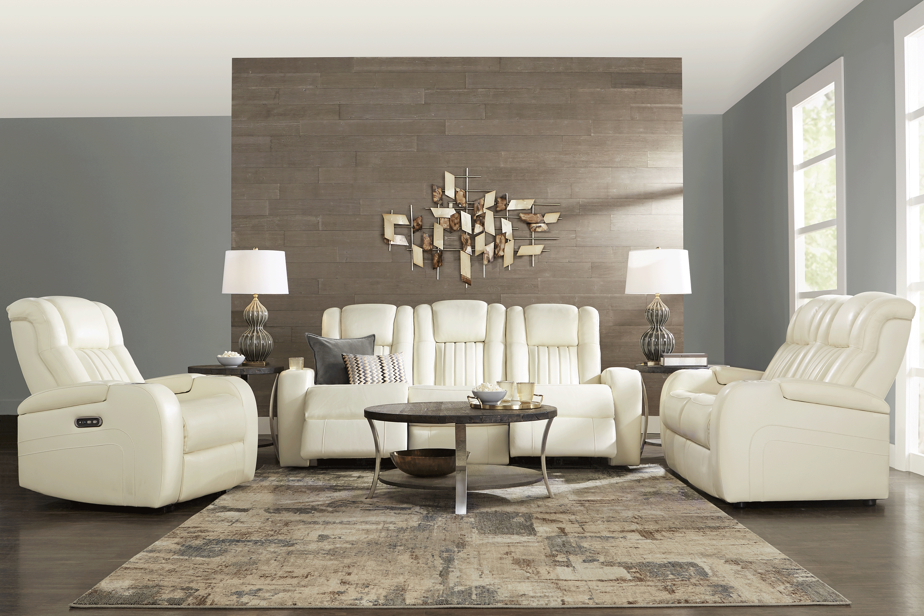 Cenova Ivory Leather 3 Pc Living Room with Dual Power Reclining Sofa - Thumbnail - Image 1