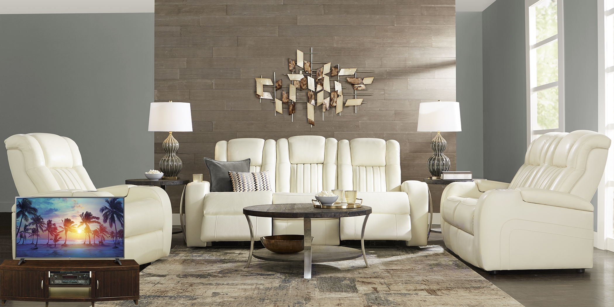 Cenova Ivory Leather 4 Pc Living Room with Dual Power Reclining Sofa Plus 70 in. TV - Thumbnail - Image 1