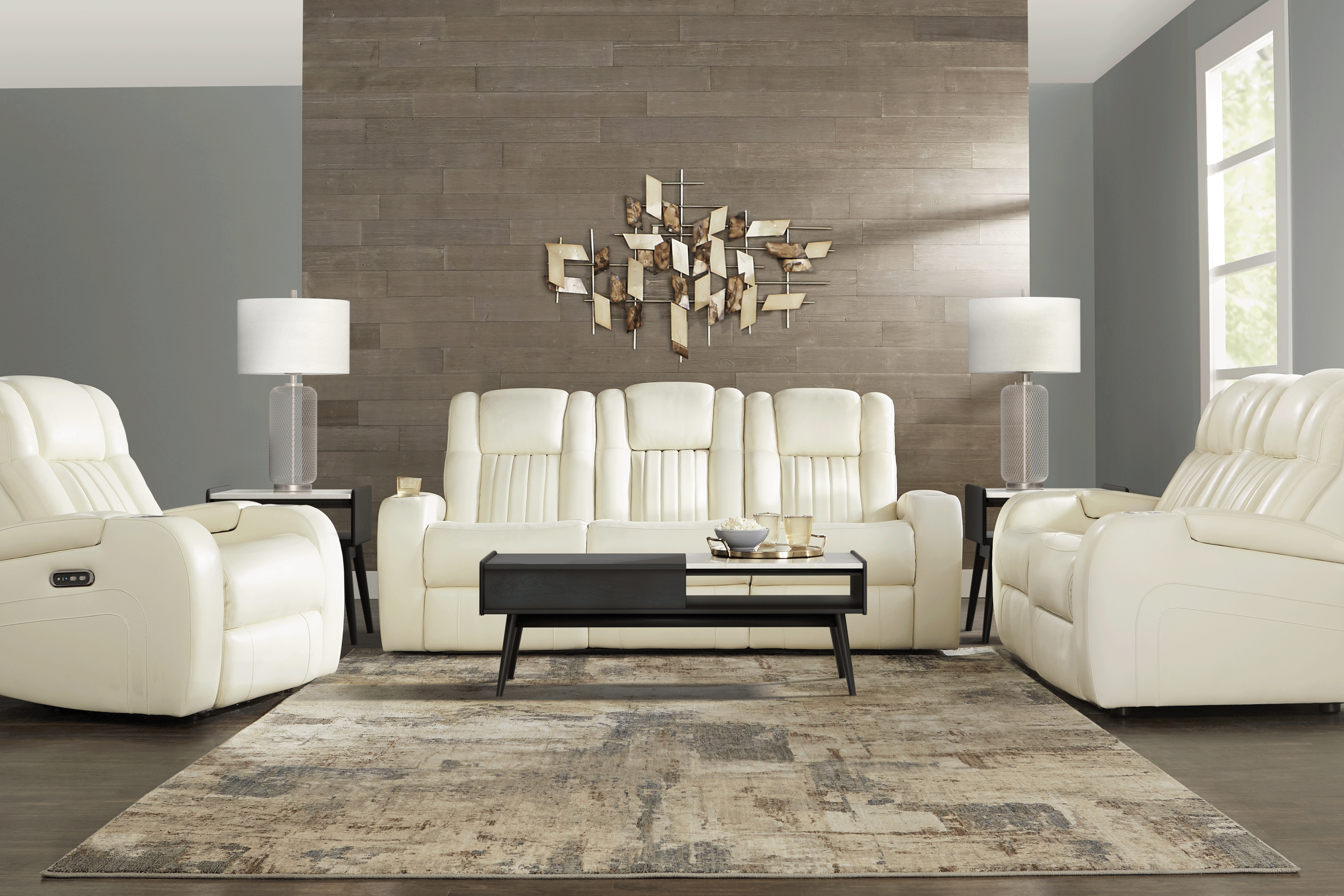 Cenova Ivory Leather 5 Pc Living Room with Dual Power Reclining Sofa - Thumbnail - Image 1