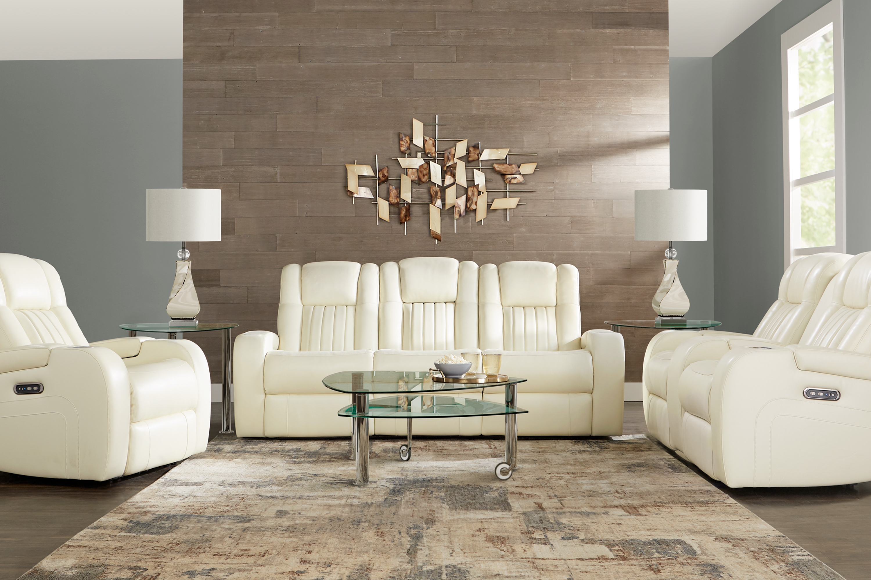 Cenova Ivory Leather 7 Pc Dual Power Reclining Living Room - Thumbnail - Image 1