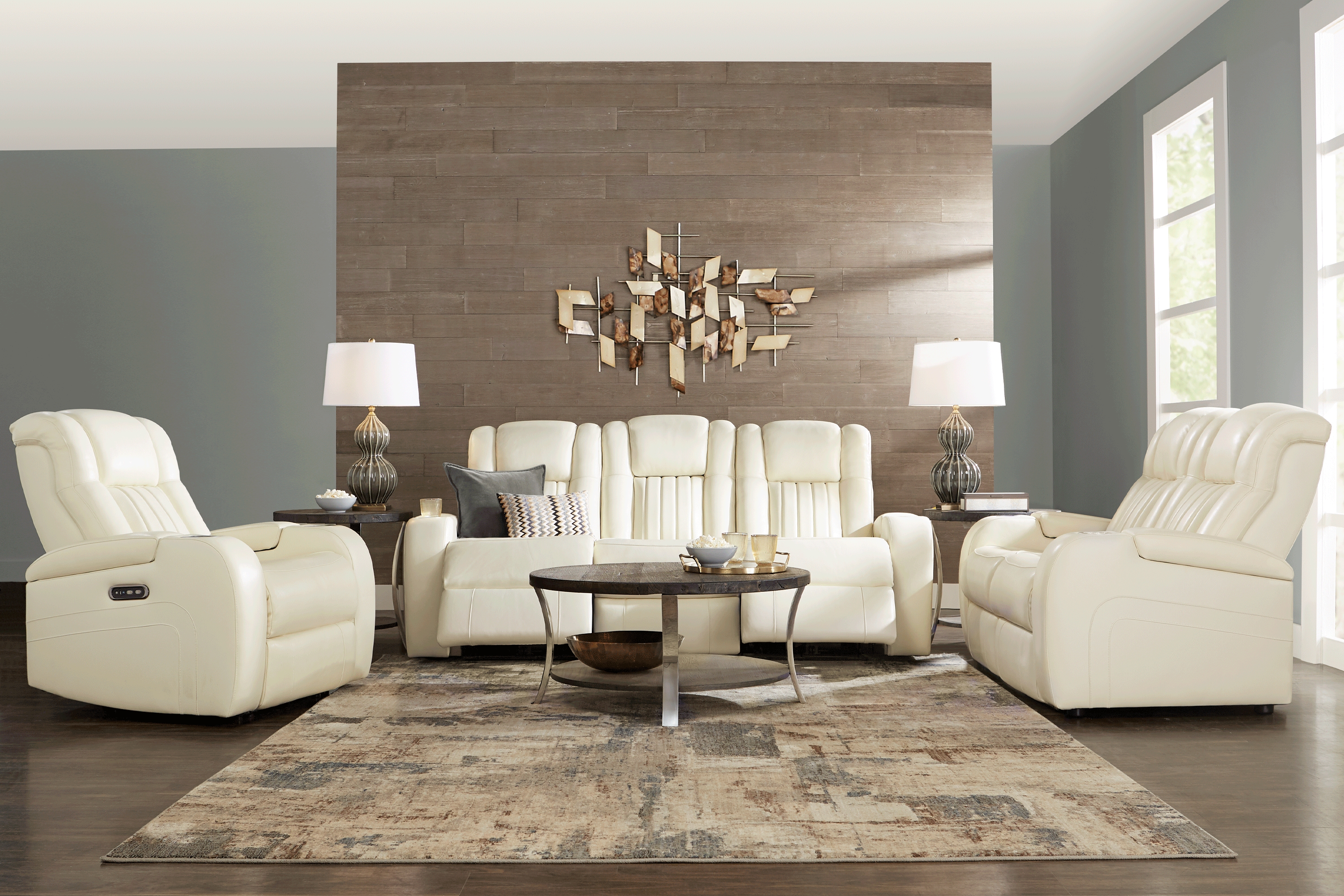 Cenova Ivory Leather 8 Pc Living Room with Dual Power Reclining Sofa - Thumbnail - Image 1