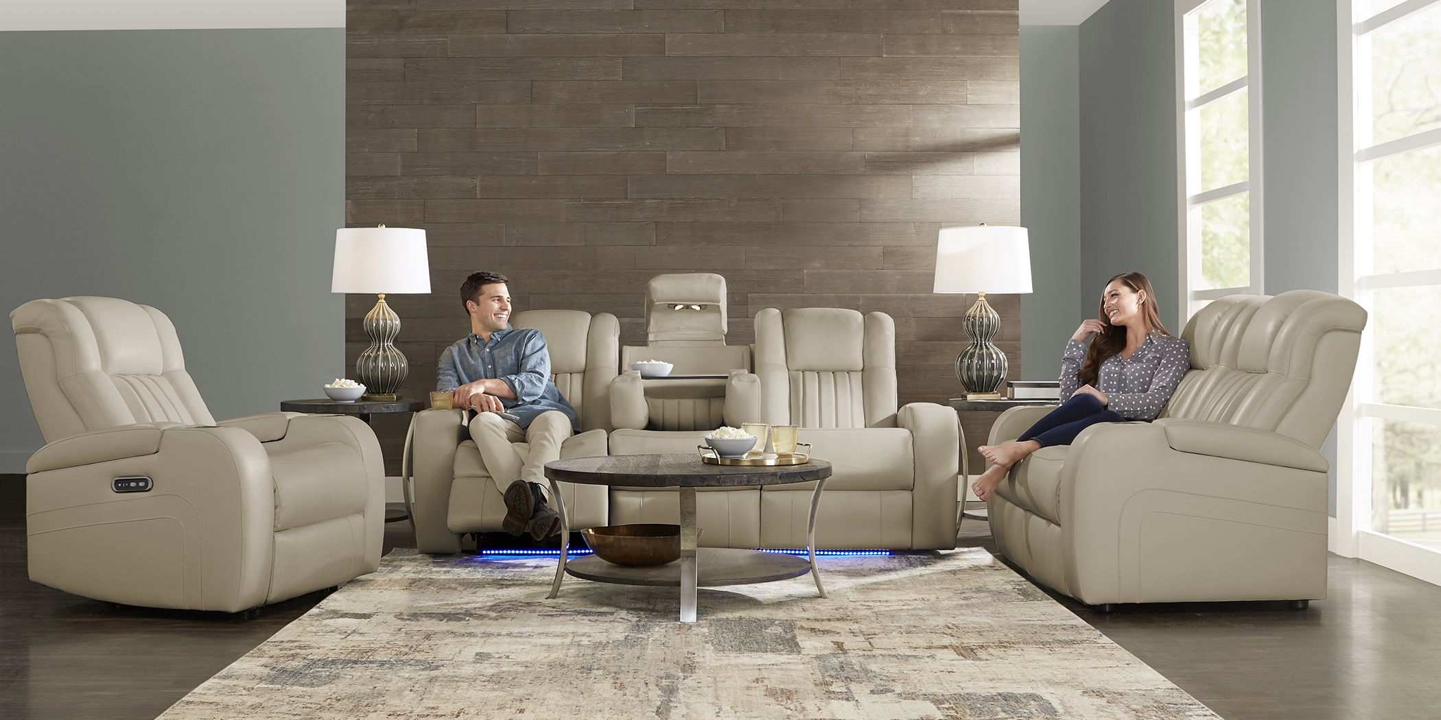 Cenova Taupe Leather Dual Power Reclining Sofa - Thumbnail - Image 3
