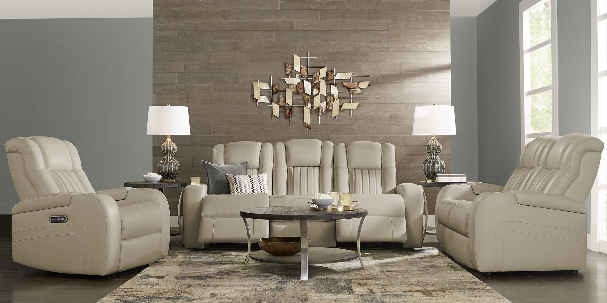 Cenova Taupe Leather Dual Power Reclining Sofa - Thumbnail - Image 2