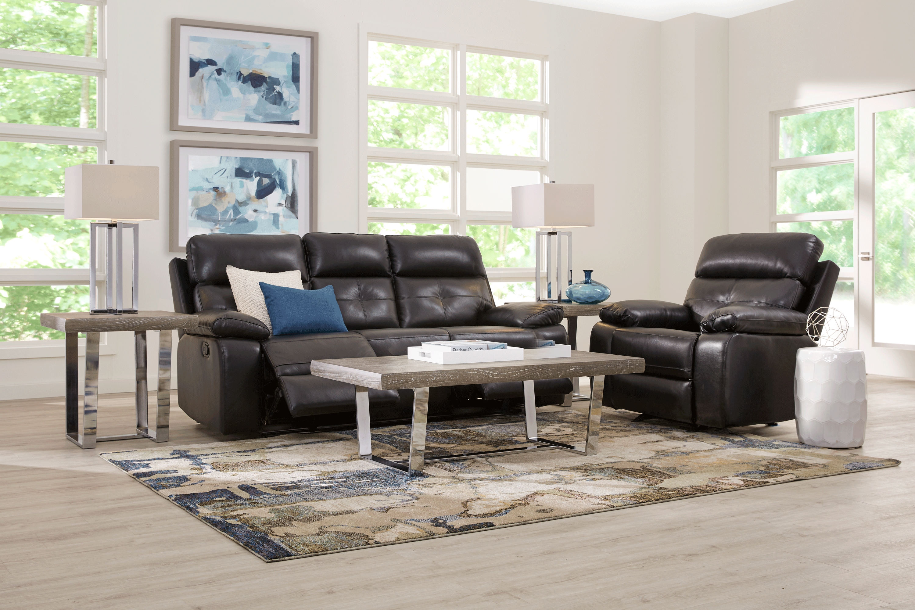 Cepano Black Leather 2 Pc Living Room with Reclining Sofa - Thumbnail - Image 1