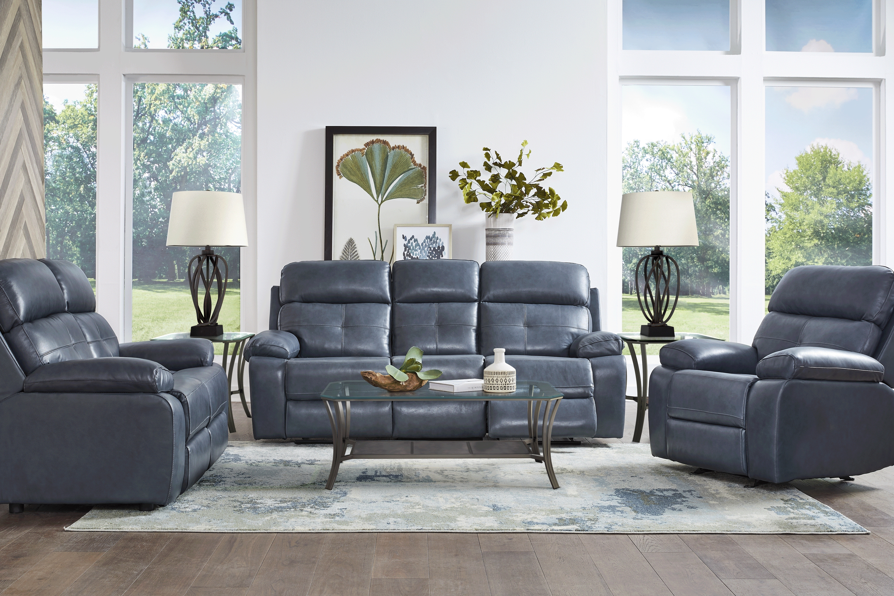 Cepano Blue Leather 7 Pc Living Room with Reclining Sofa - Thumbnail - Image 1