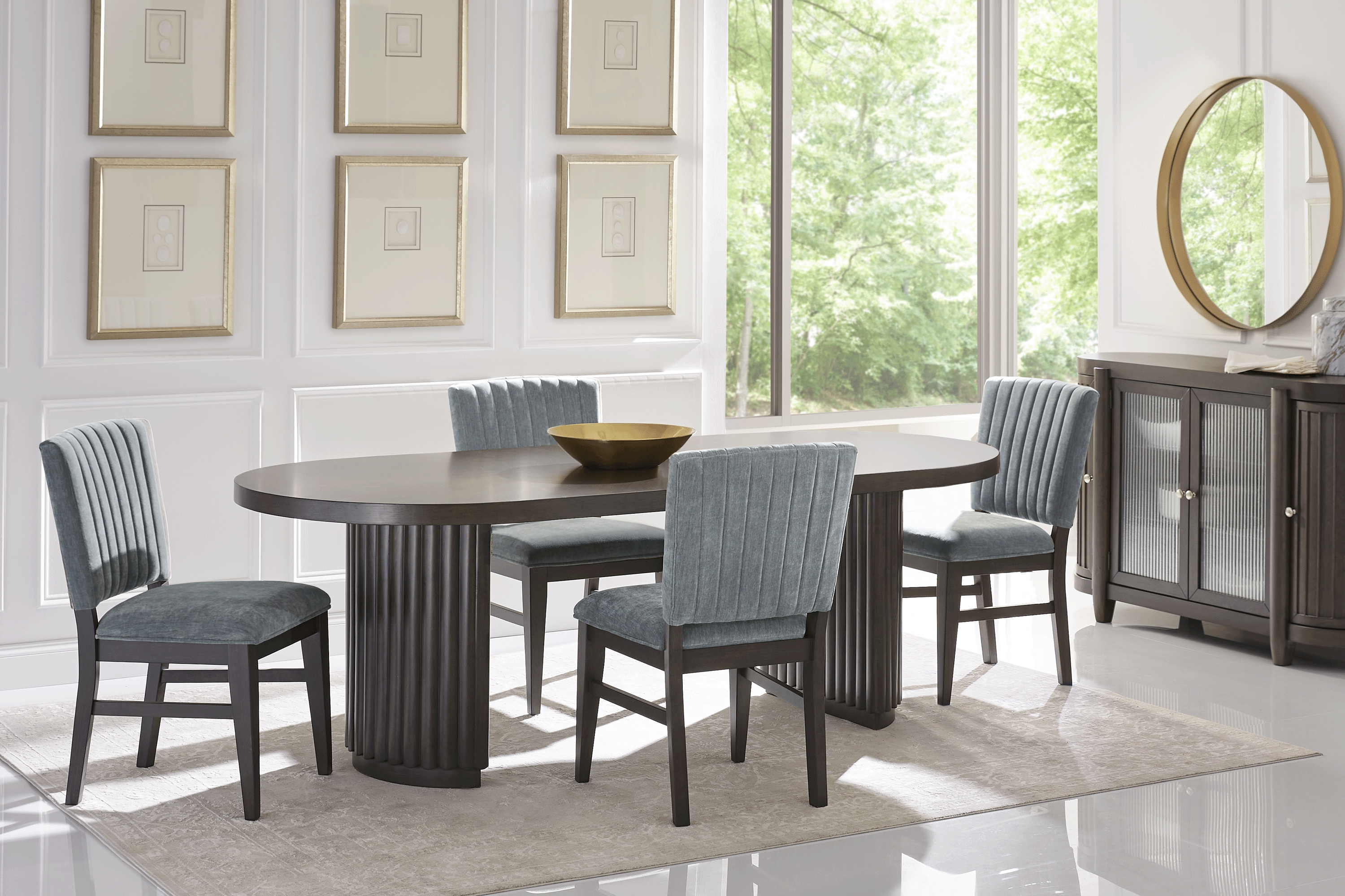 Cheetham Hill Espresso 90 in. 8 Pc Dining Room with Blue Chairs - Thumbnail - Image 1