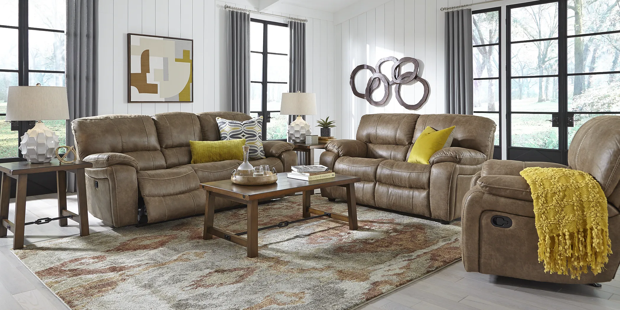 Cindy Crawford Home Alpen Ridge Tan 5 Pc Living Room with Reclining Sofa - Thumbnail - Image 1