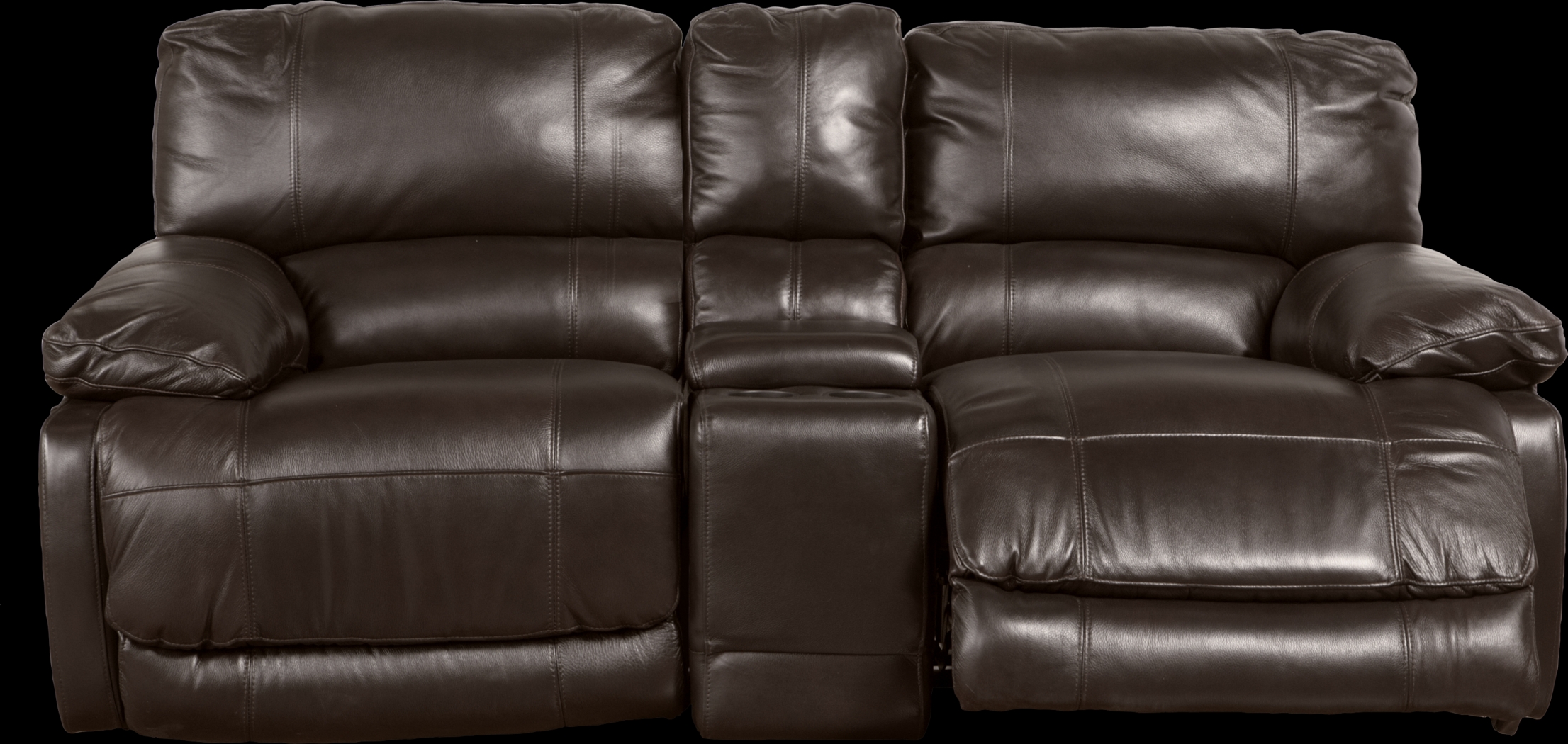 Cindy Crawford Home Auburn Hills Brown Leather Reclining Glider Console Loveseat - Thumbnail - Image 1