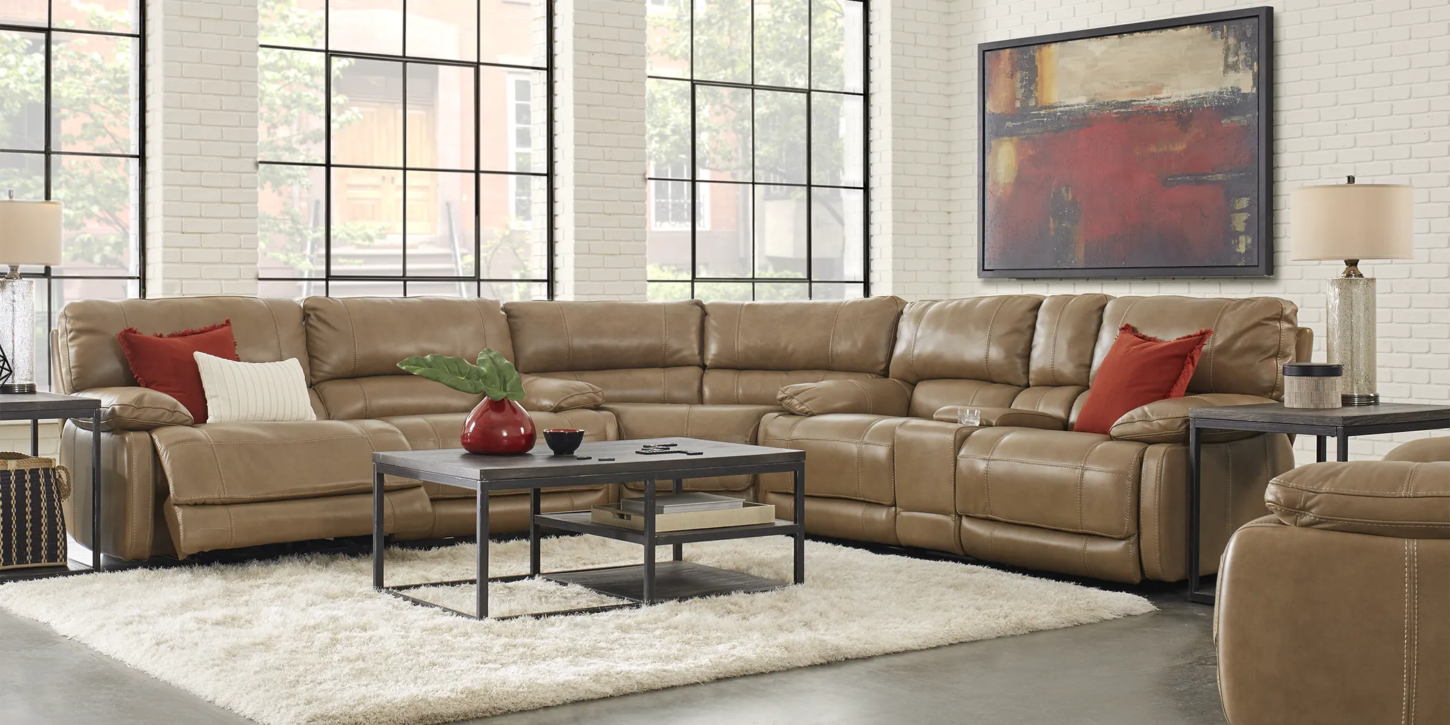 Cindy Crawford Home Auburn Hills Mushroom Leather 6 Pc Sectional Living Room - Thumbnail - Image 1