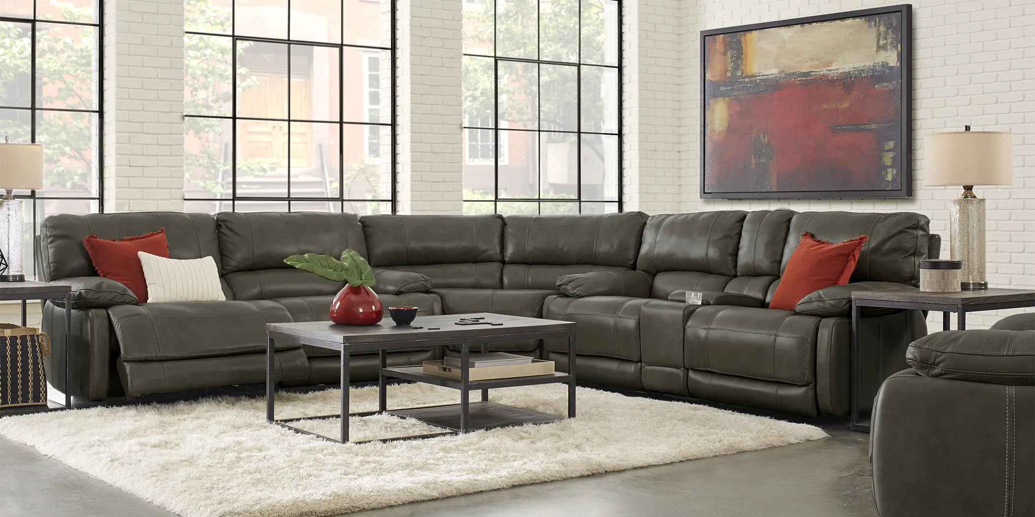 Cindy Crawford Home Auburn Hills Steel Leather 6 Pc Sectional Living Room - Thumbnail - Image 1