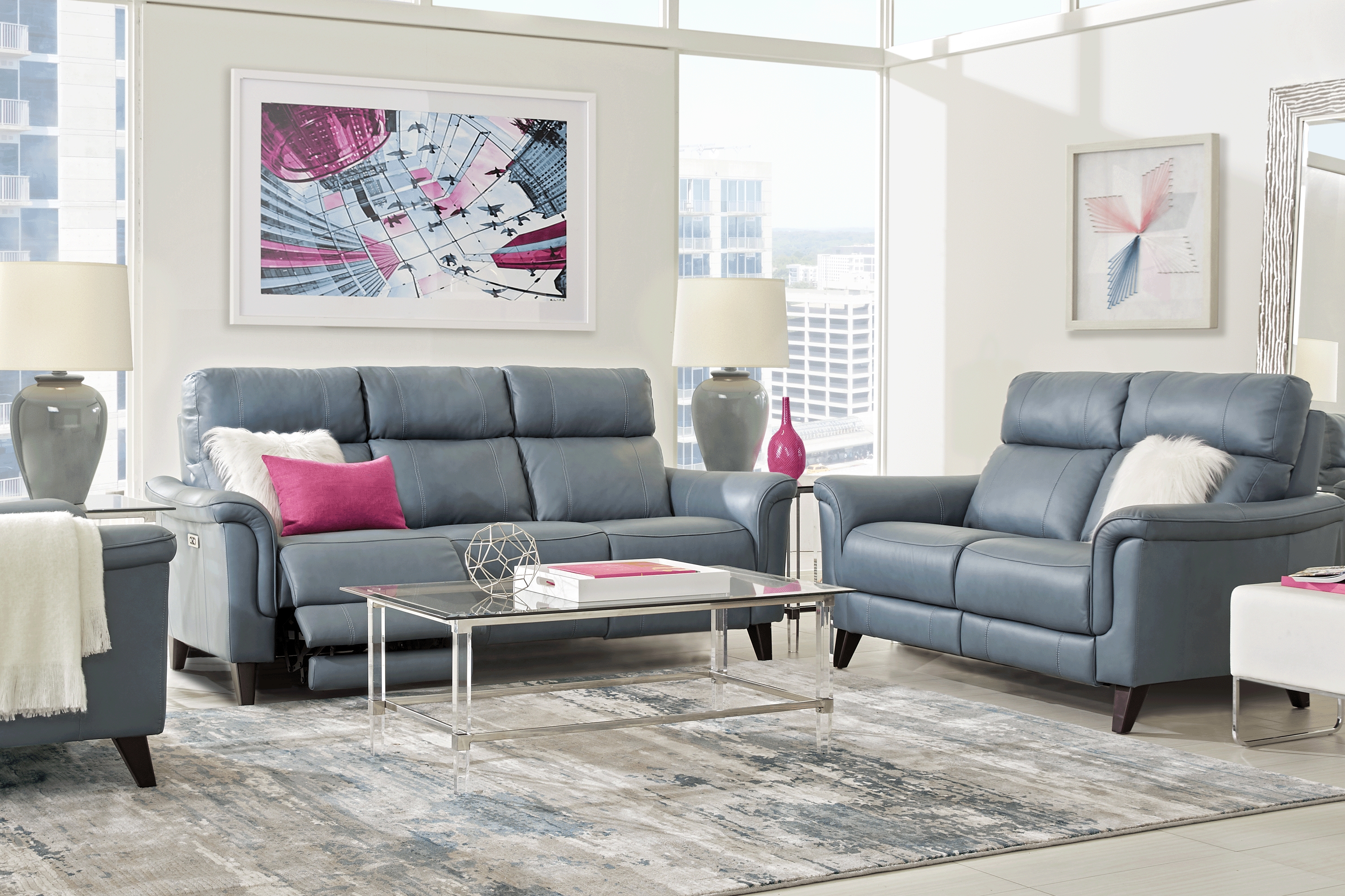 Avezzano Blue Leather 5 Pc Living Room with Dual Power Reclining Sofa - Thumbnail - Image 1