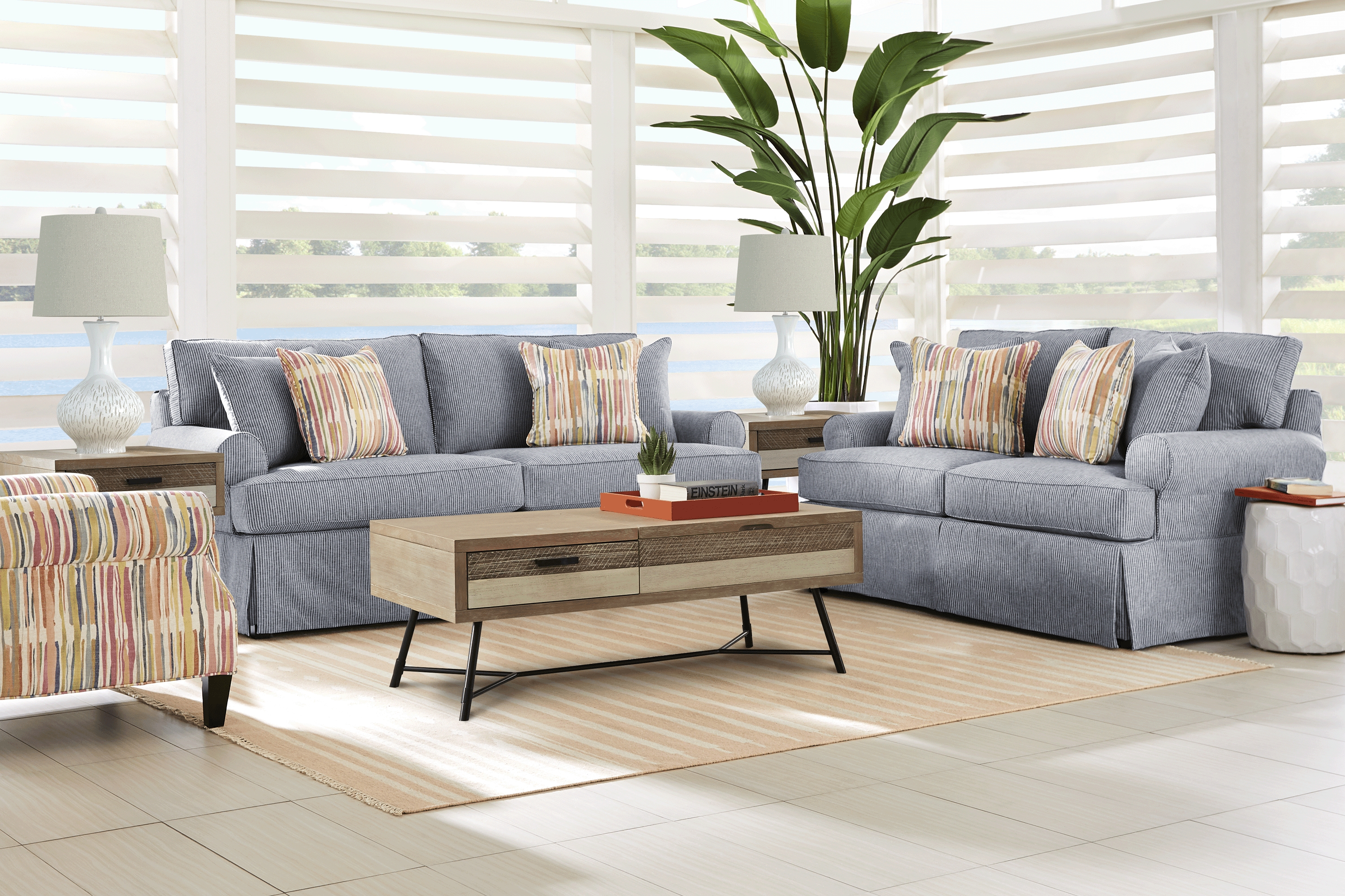 Cindy Crawford Home Beachside Walk Blue Denim 7 Pc Living Room - Thumbnail - Image 1