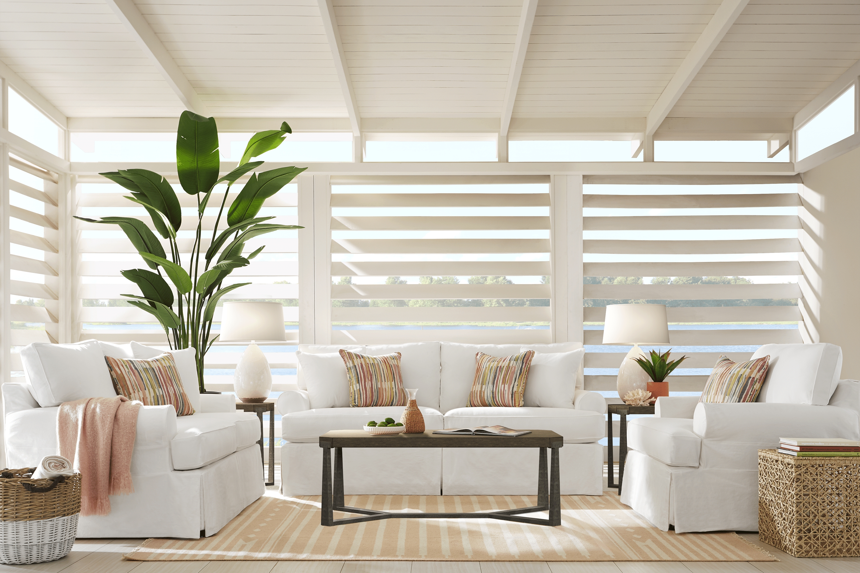 Cindy Crawford Home Beachside Walk White Denim 7 Pc Living Room with Sleeper Sofa - Thumbnail - Image 1