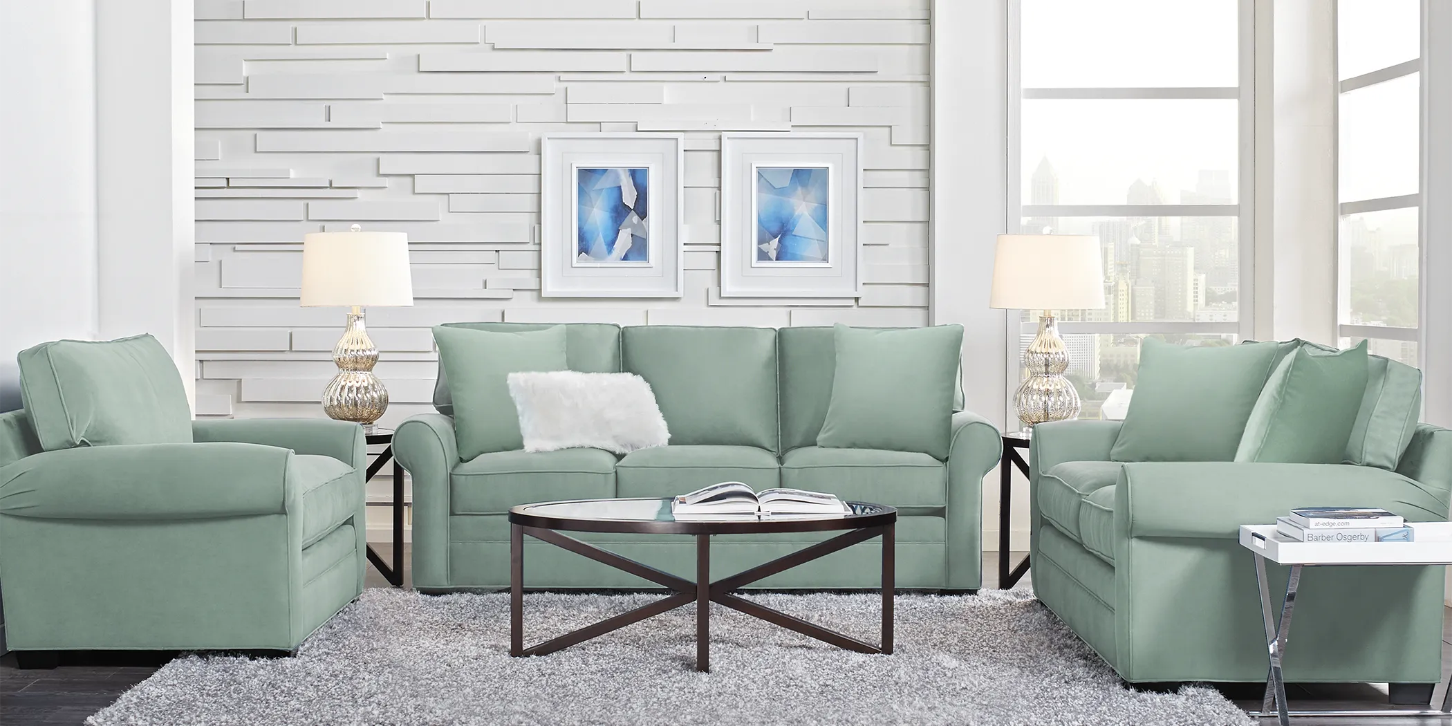 Cindy Crawford Home Bellingham Basil Microfiber 5 Pc Living Room - Thumbnail - Image 1