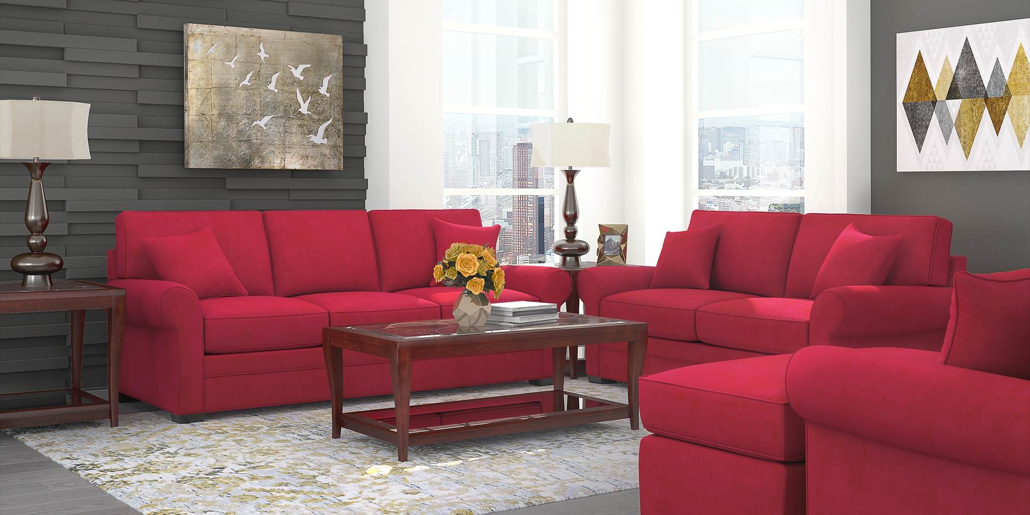 Cindy Crawford Home Bellingham Cardinal Microfiber 5 Pc Living Room - Thumbnail - Image 1