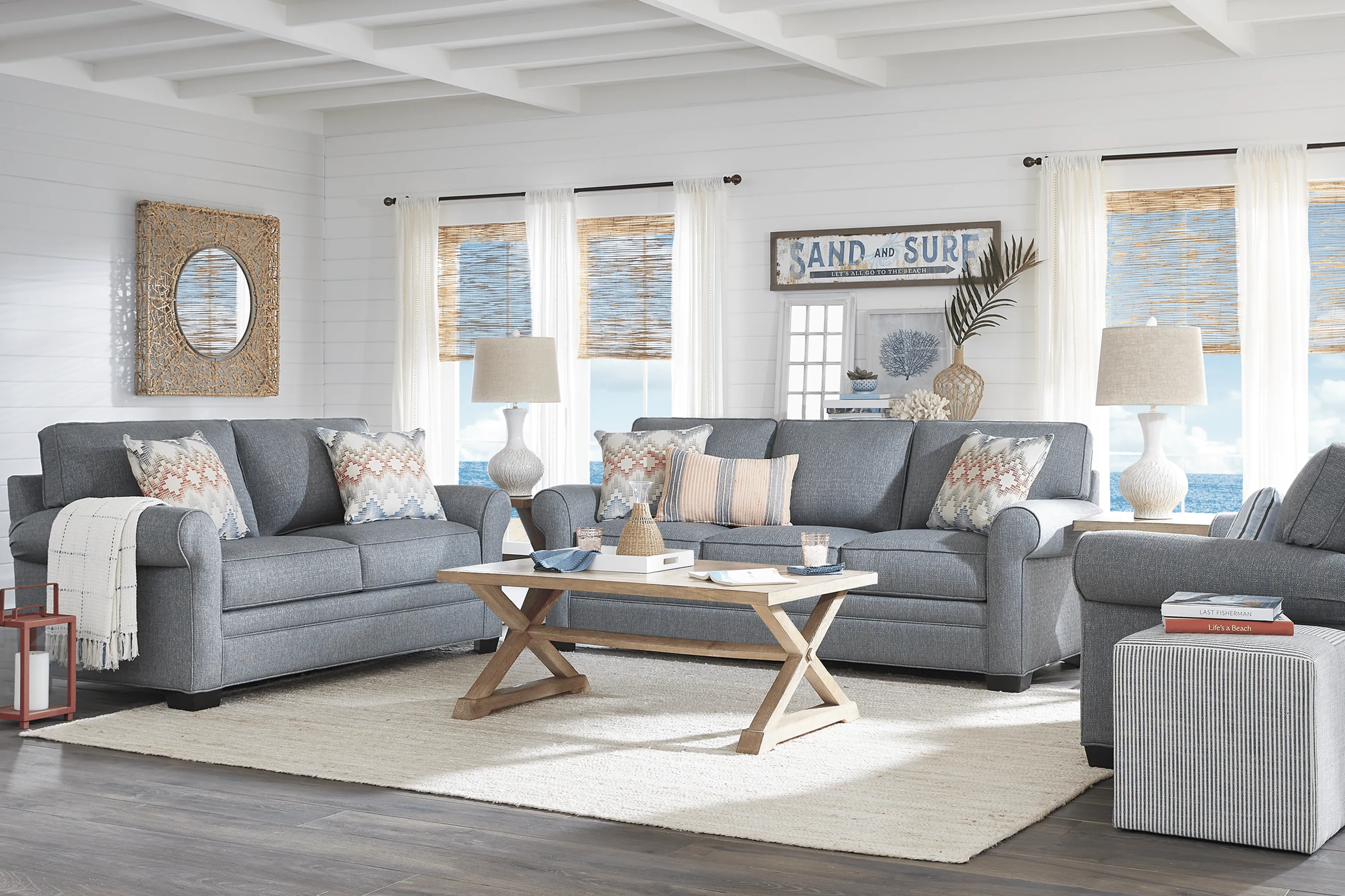 Bellingham Denim Textured 7 Pc Living Room with Gel Foam Sleeper Sofa - Thumbnail - Image 1