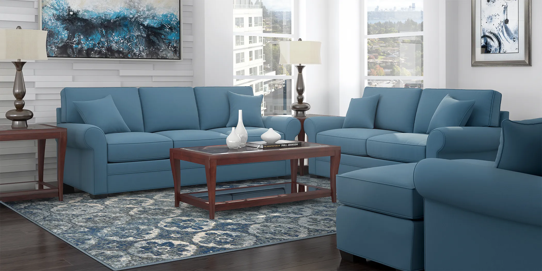 Cindy Crawford Home Bellingham Indigo Microfiber 5 Pc Living Room - Thumbnail - Image 1