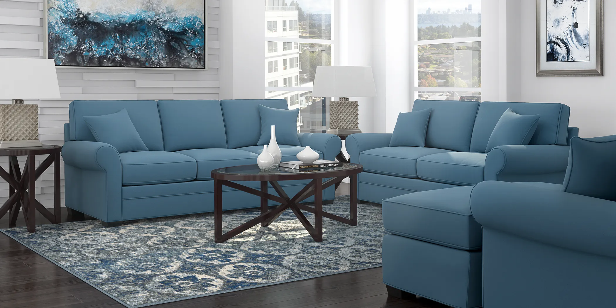 Cindy Crawford Home Bellingham Indigo Microfiber 7 Pc Living Room - Thumbnail - Image 1