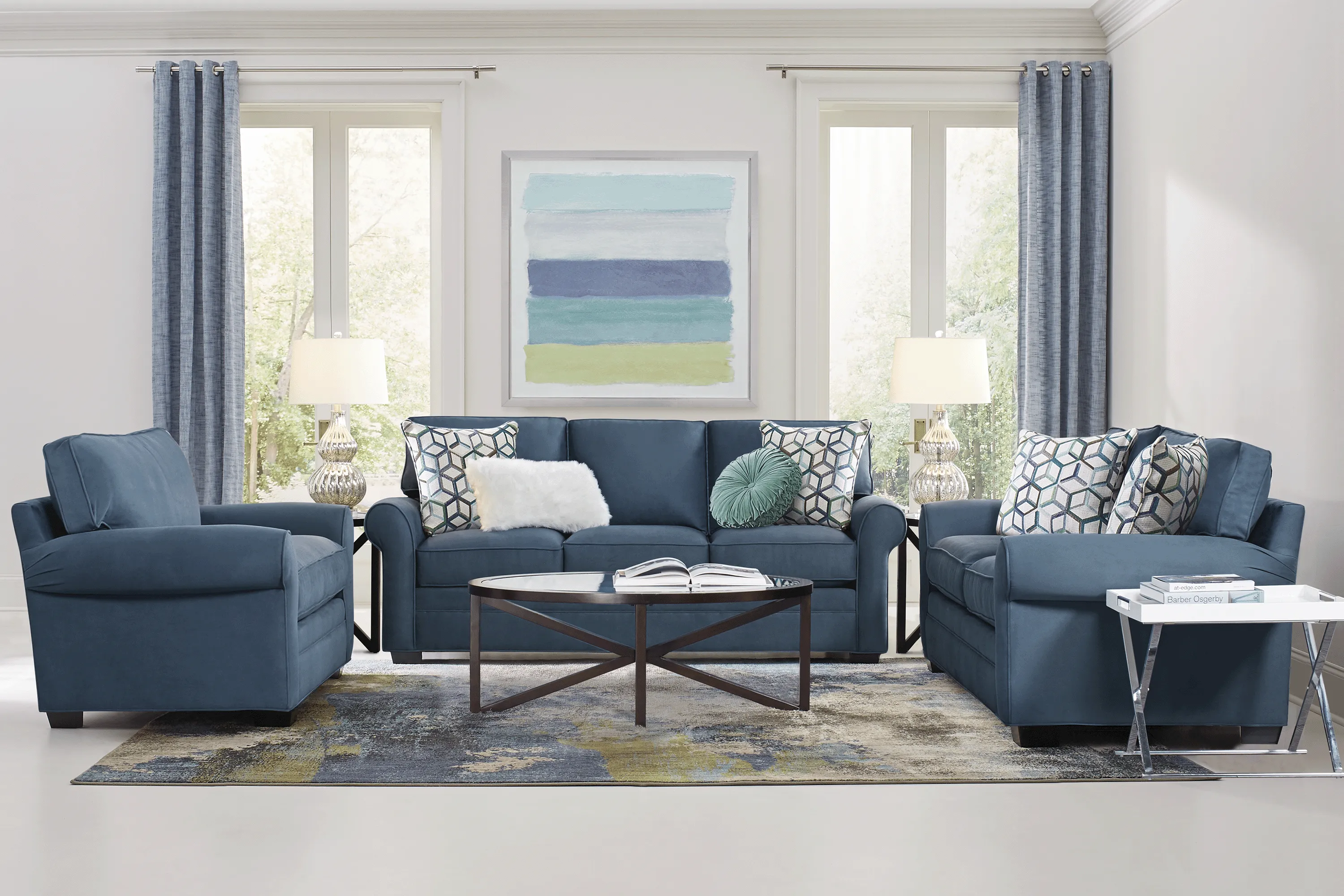 Cindy Crawford Home Bellingham Sapphire Microfiber 7 Pc Living Room with Gel Foam Sleeper Sofa - Thumbnail - Image 1