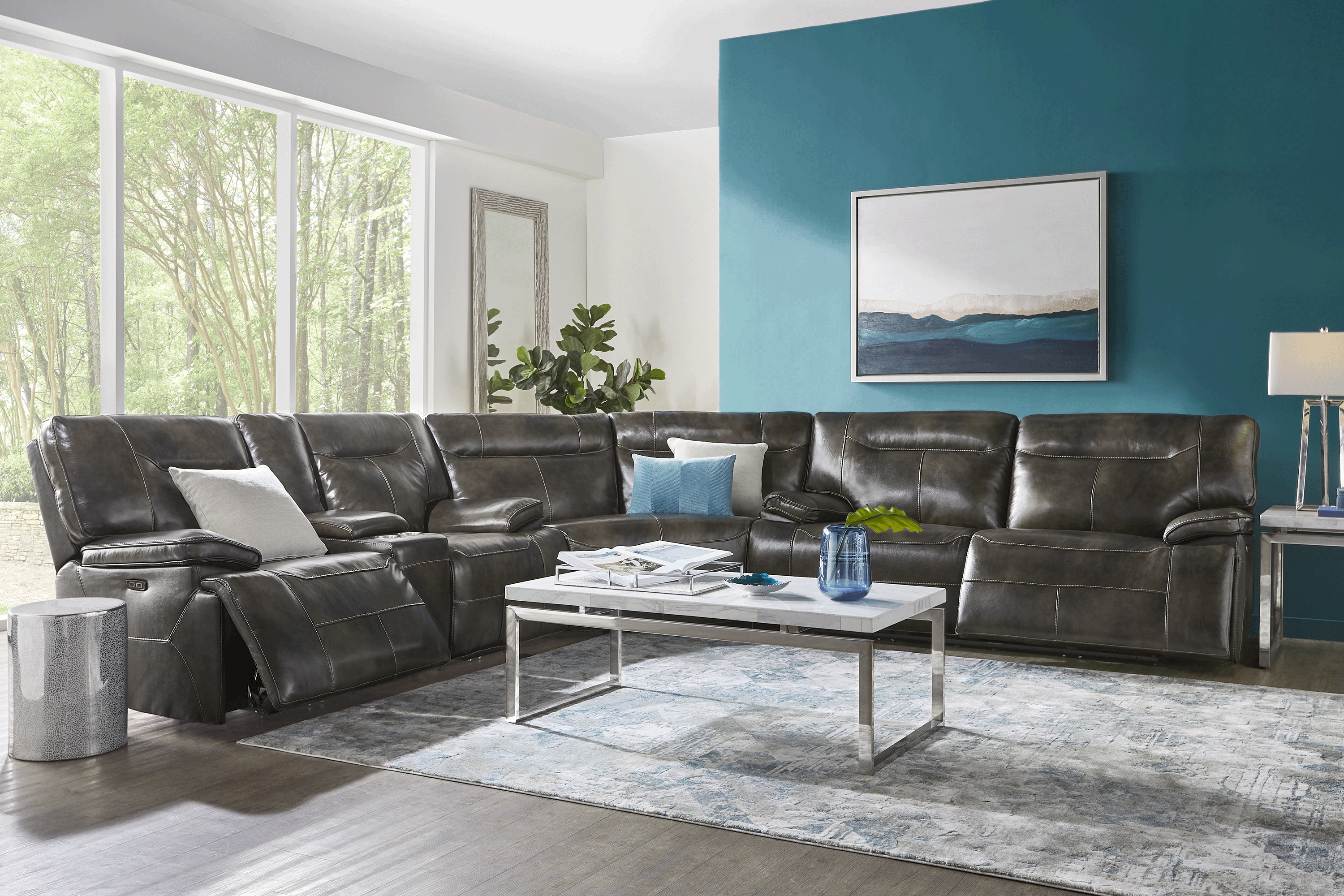 Bernsley Gray Leather 6 Pc Dual Power Reclining Sectional Living Room - Thumbnail - Image 1