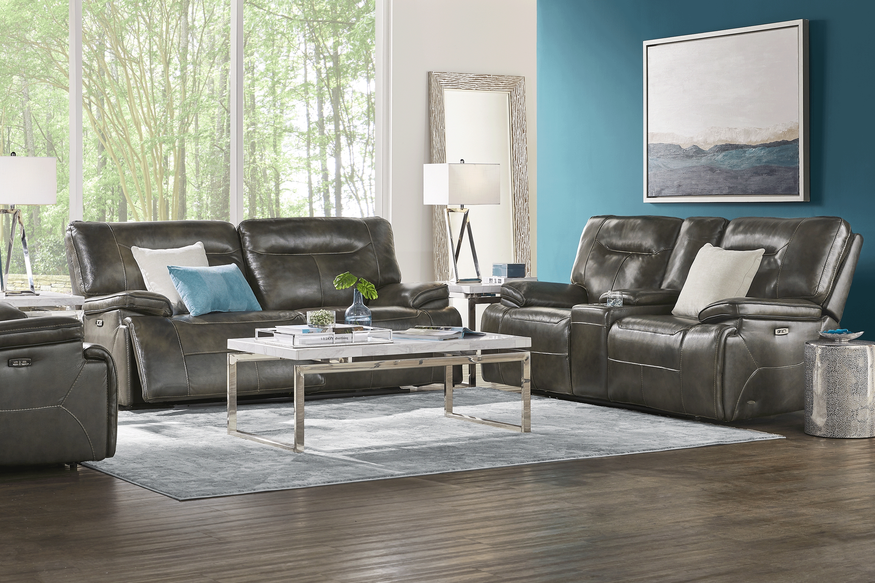 Bernsley Gray Leather 8 Pc Dual Power Reclining Living Room - Thumbnail - Image 1