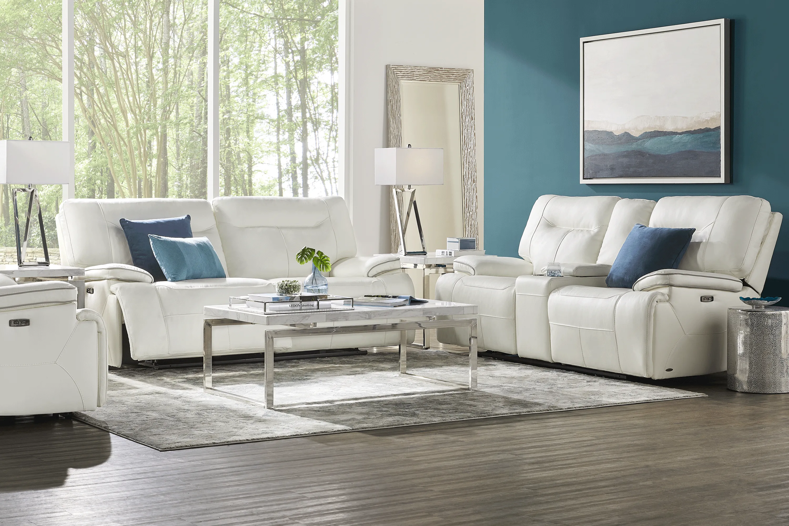 Bernsley White Leather 5 Pc Dual Power Reclining Living Room - Thumbnail - Image 1