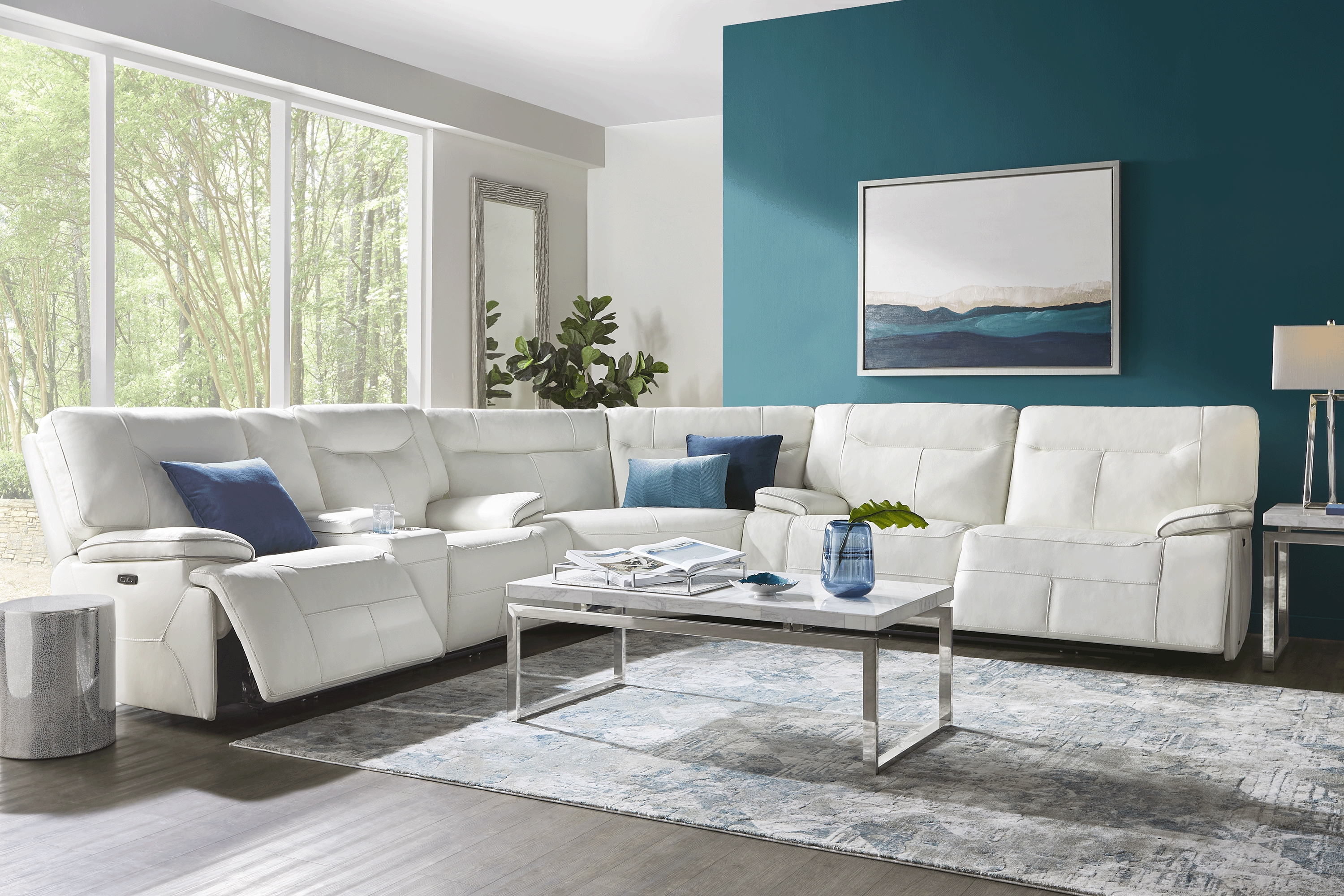 Bernsley White Leather 6 Pc Dual Power Reclining Sectional Living Room - Thumbnail - Image 1