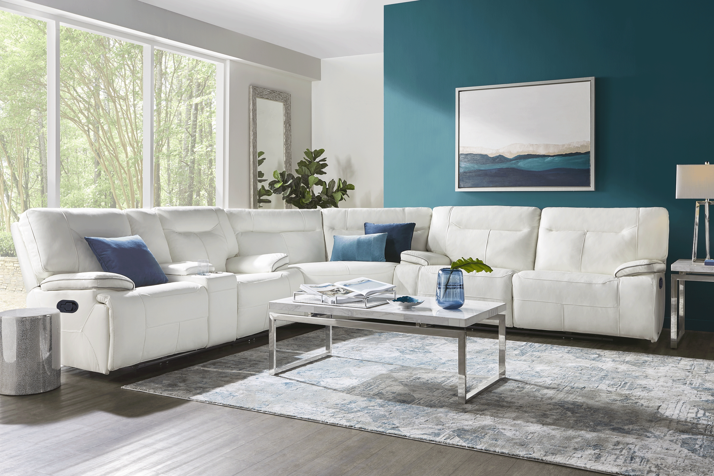 Bernsley White Leather 6 Pc Reclining Sectional Living Room - Thumbnail - Image 1