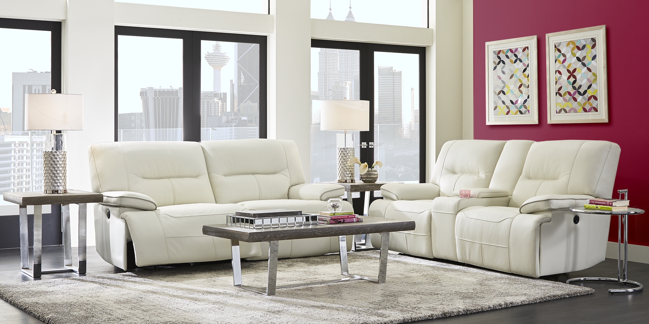 Cindy Crawford Home Caletta Off-White 5 Pc Leather Reclining Living Room - Thumbnail - Image 1