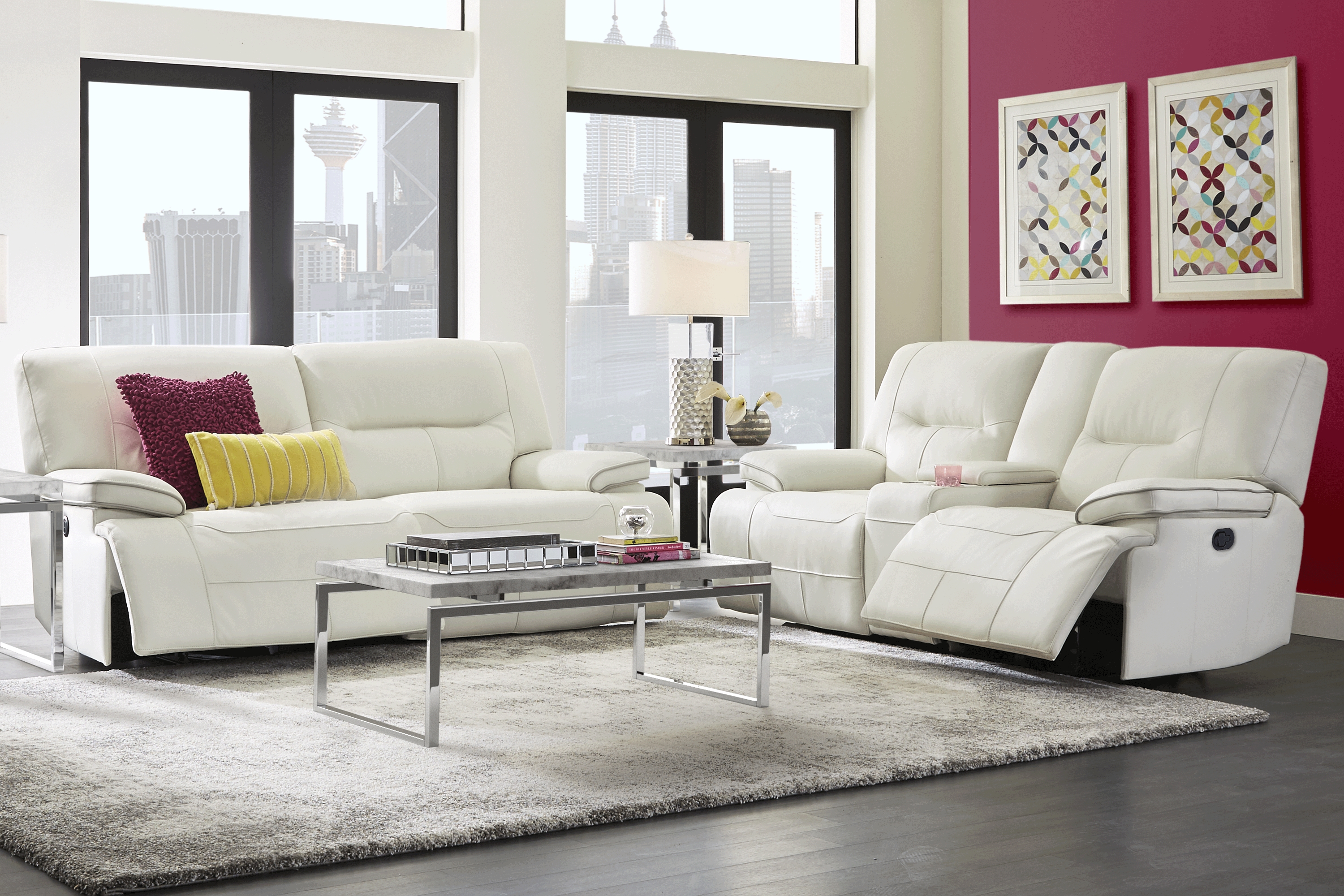 Cindy Crawford Home Caletta Off-White Leather Reclining Sofa - Thumbnail - Image 2