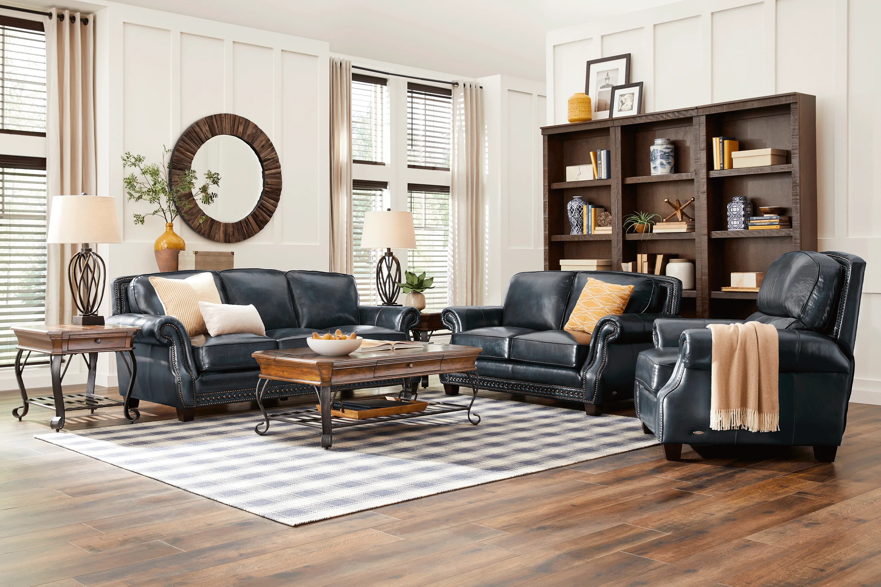 Cindy Crawford Home Calvano Blue Leather 7 Pc Living Room with Sleeper Sofa - Thumbnail - Image 1