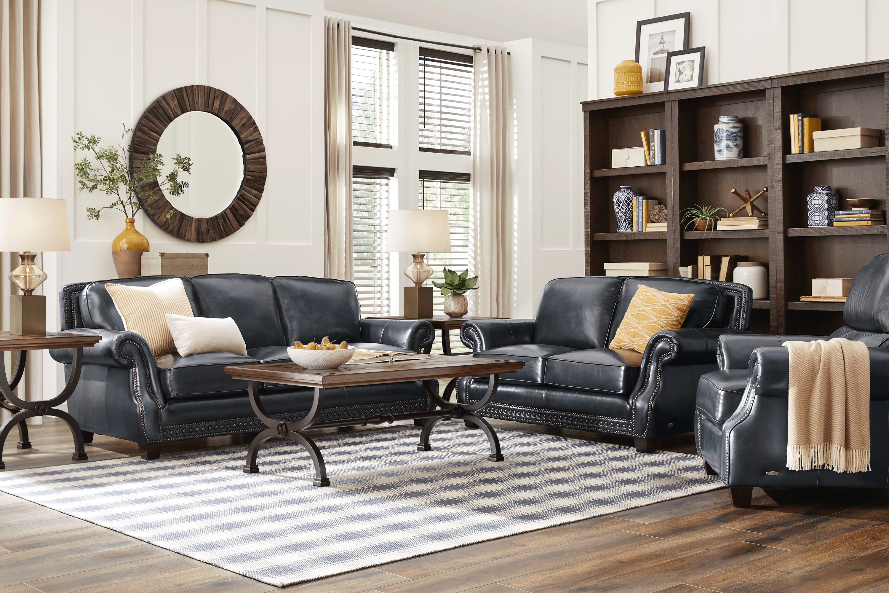 Calvano Blue Leather 7 Pc Living Room - Thumbnail - Image 1