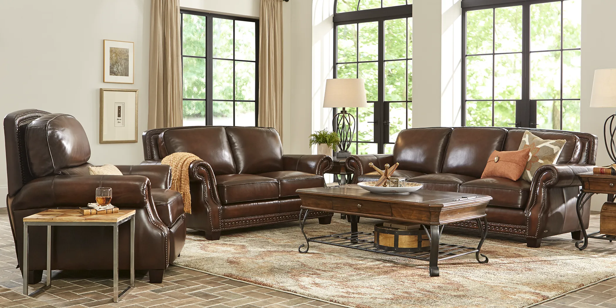 Cindy Crawford Home Calvano Brown Leather 7 Pc Living Room - Thumbnail - Image 1