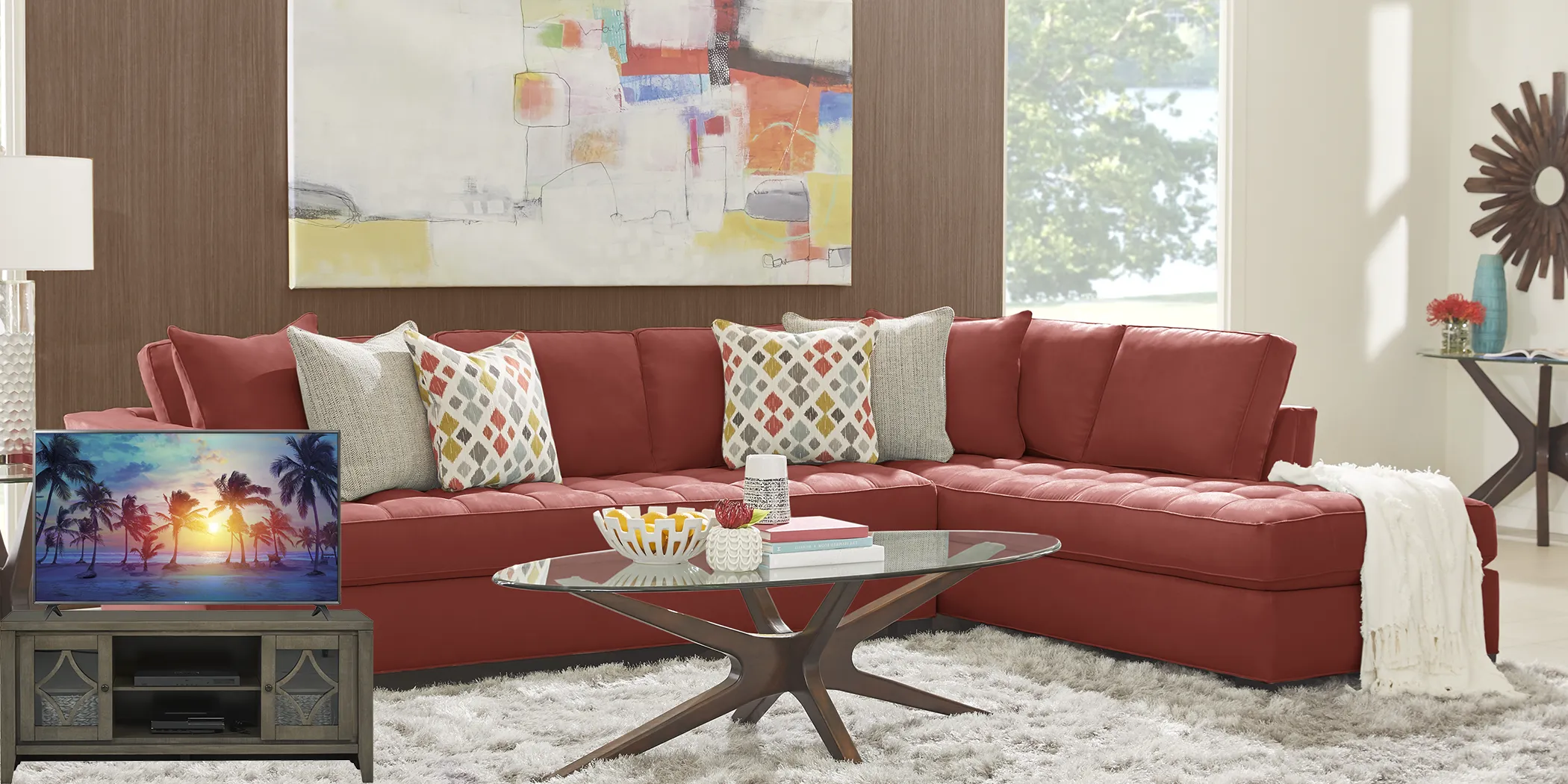 Cindy Crawford Home Calvin Heights Brick 6 Pc XL Sectional Living Room Plus 70 in. TV - Thumbnail - Image 1