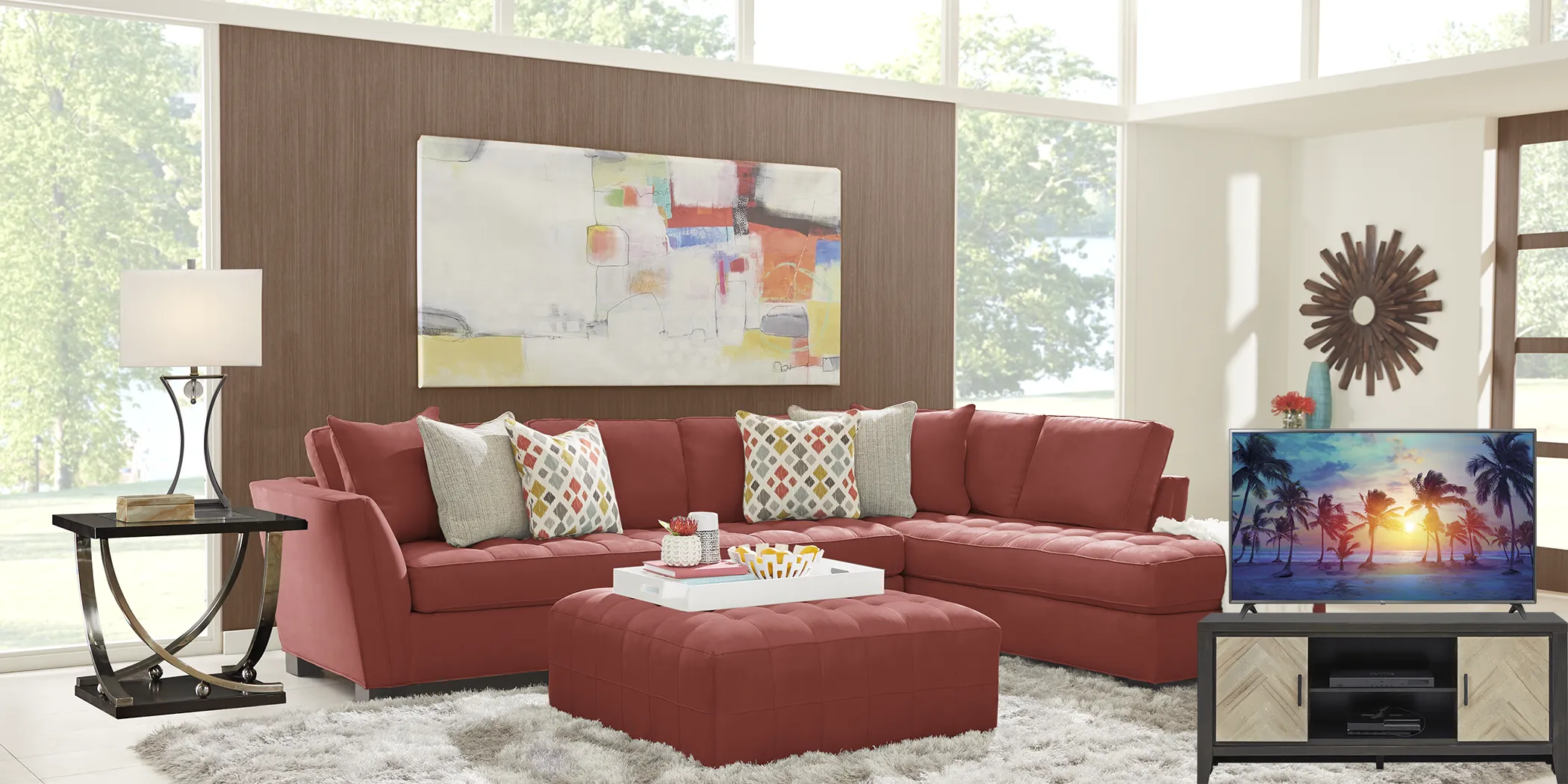 Cindy Crawford Home Calvin Heights Brick Microfiber 6 Pc XL Sectional Living Room Plus 70 in. TV - Thumbnail - Image 1