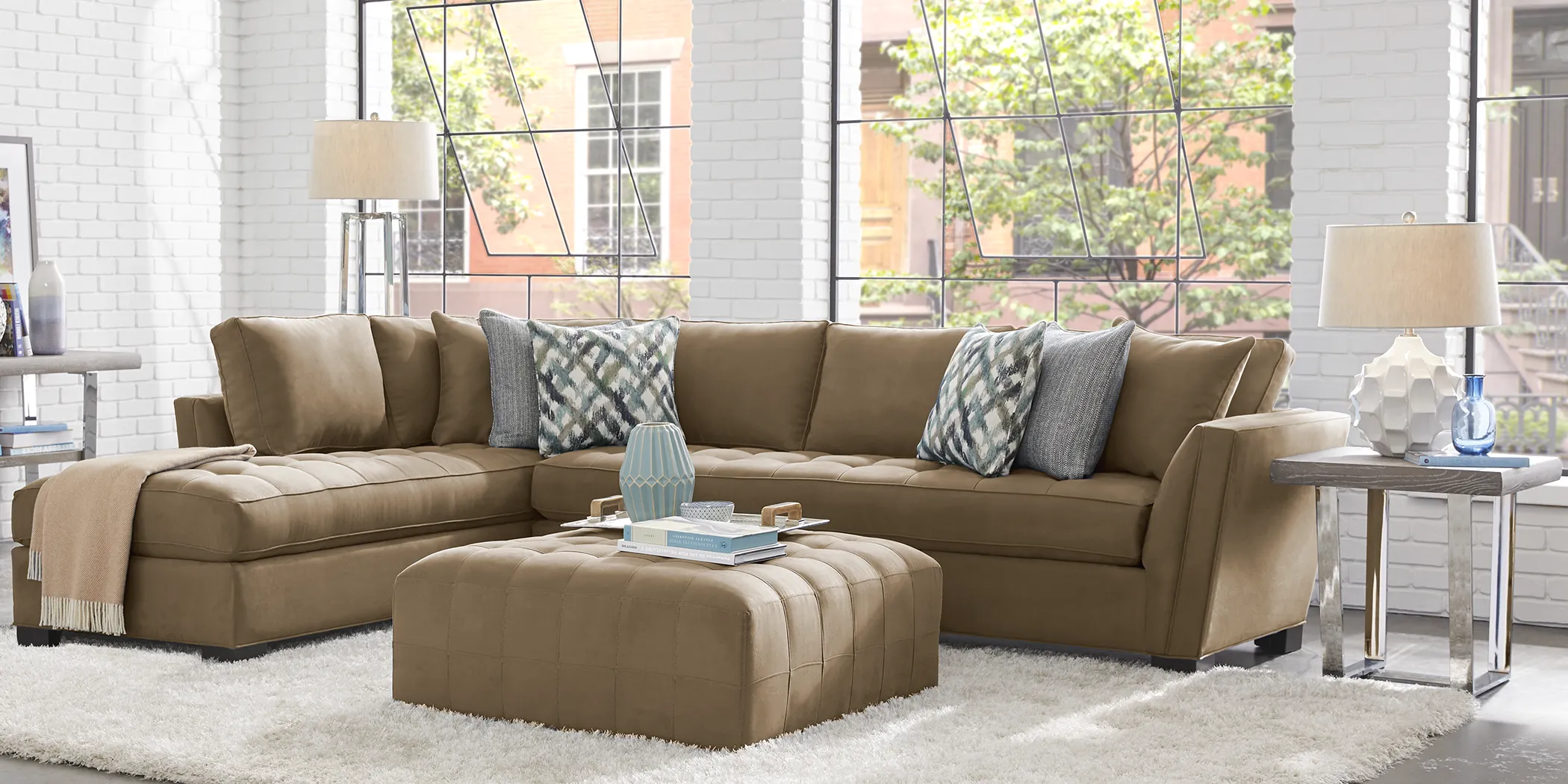 Cindy Crawford Home Calvin Heights Khaki Microfiber 2 Pc XL Sectional - Thumbnail - Image 2