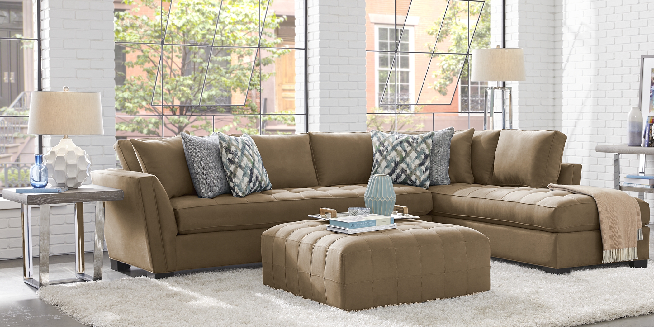 Cindy Crawford Home Calvin Heights Khaki Microfiber 2 Pc XL Sectional - Thumbnail - Image 2