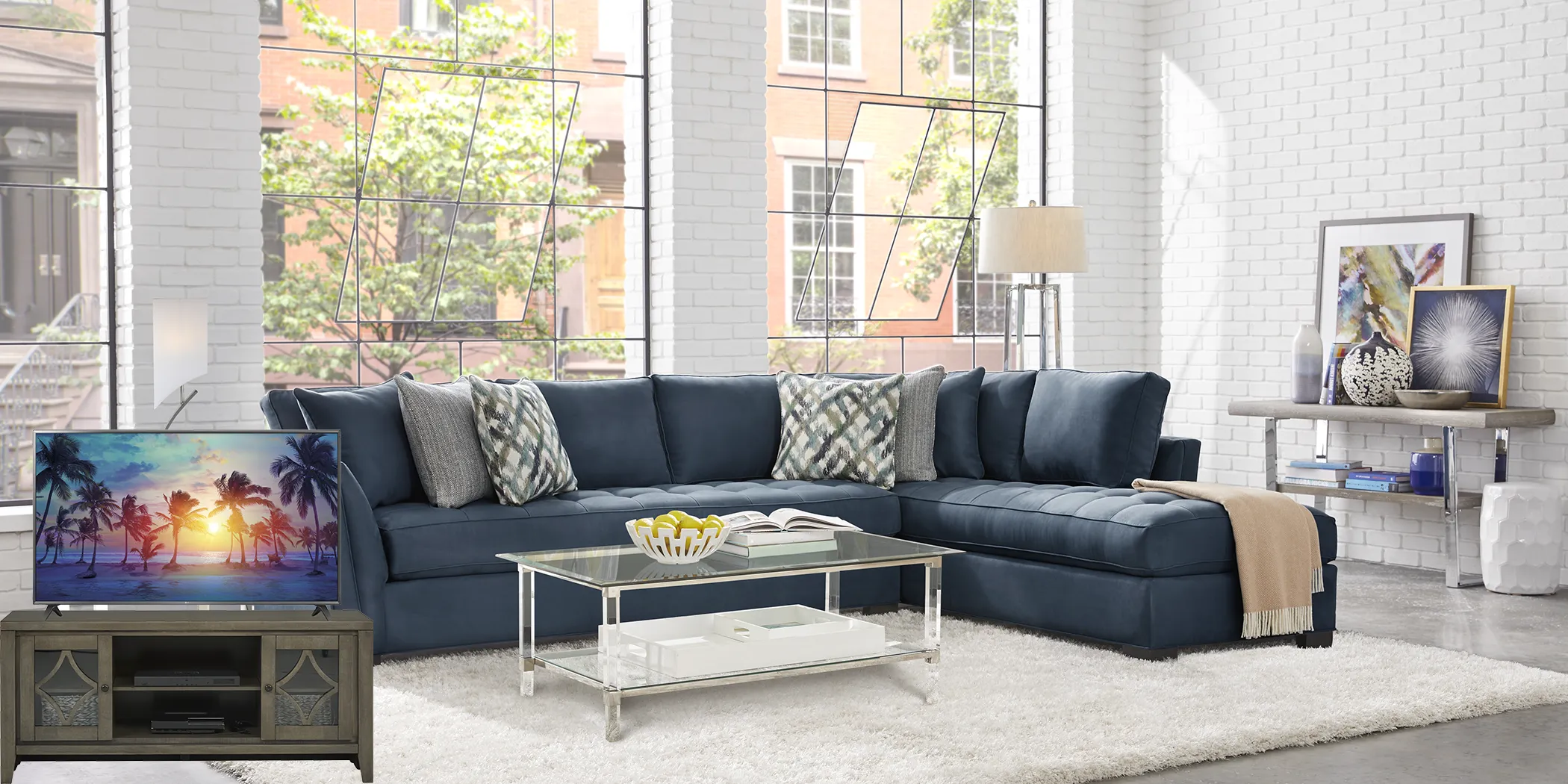 Cindy Crawford Home Calvin Heights Sapphire 6 Pc XL Sectional Living Room Plus 70 in. TV - Thumbnail - Image 1