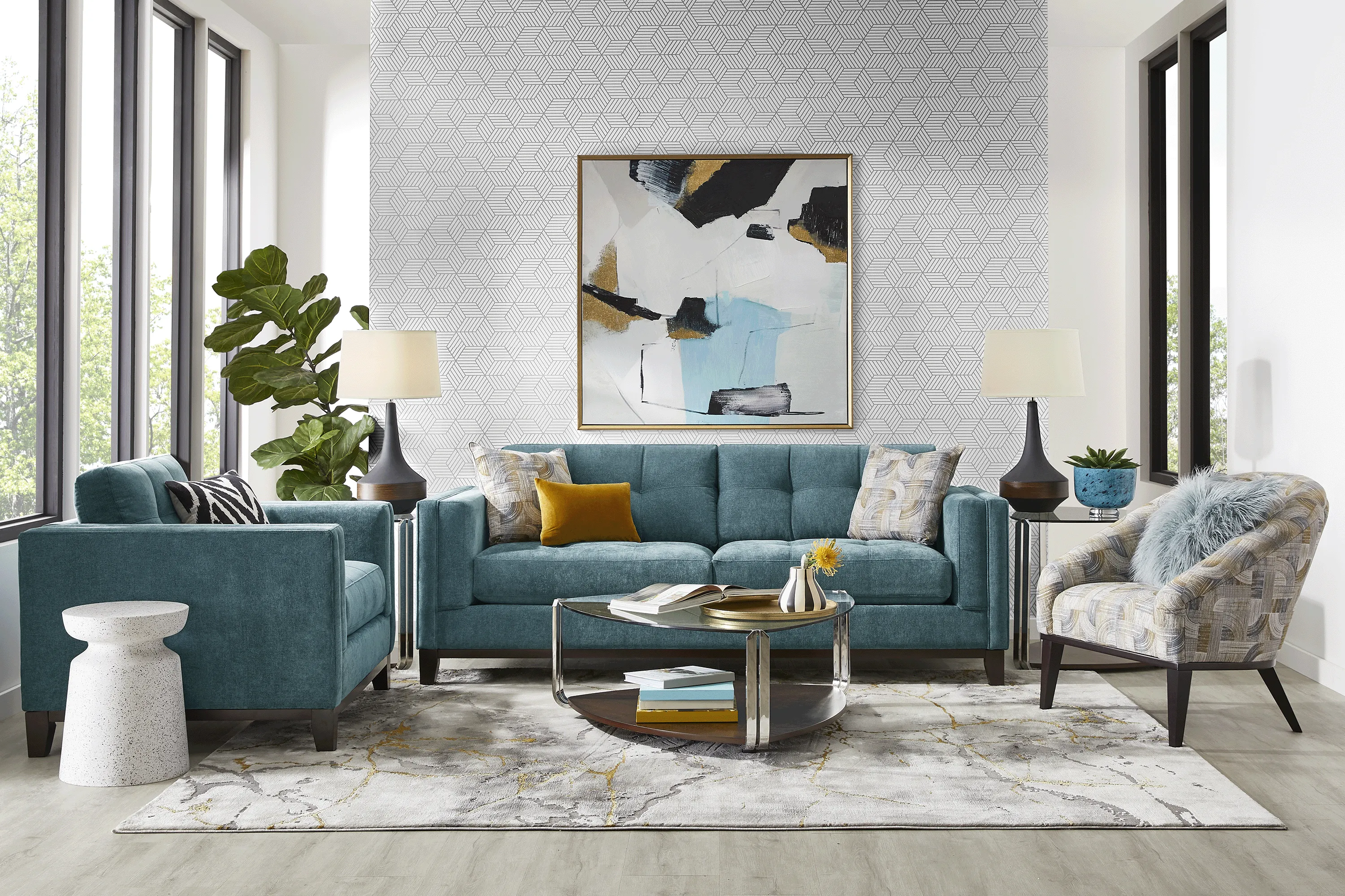 Cindy Crawford Home Everleigh Place Lagoon 7 Pc Living Room with Gel Foam Sleeper Sofa - Thumbnail - Image 1